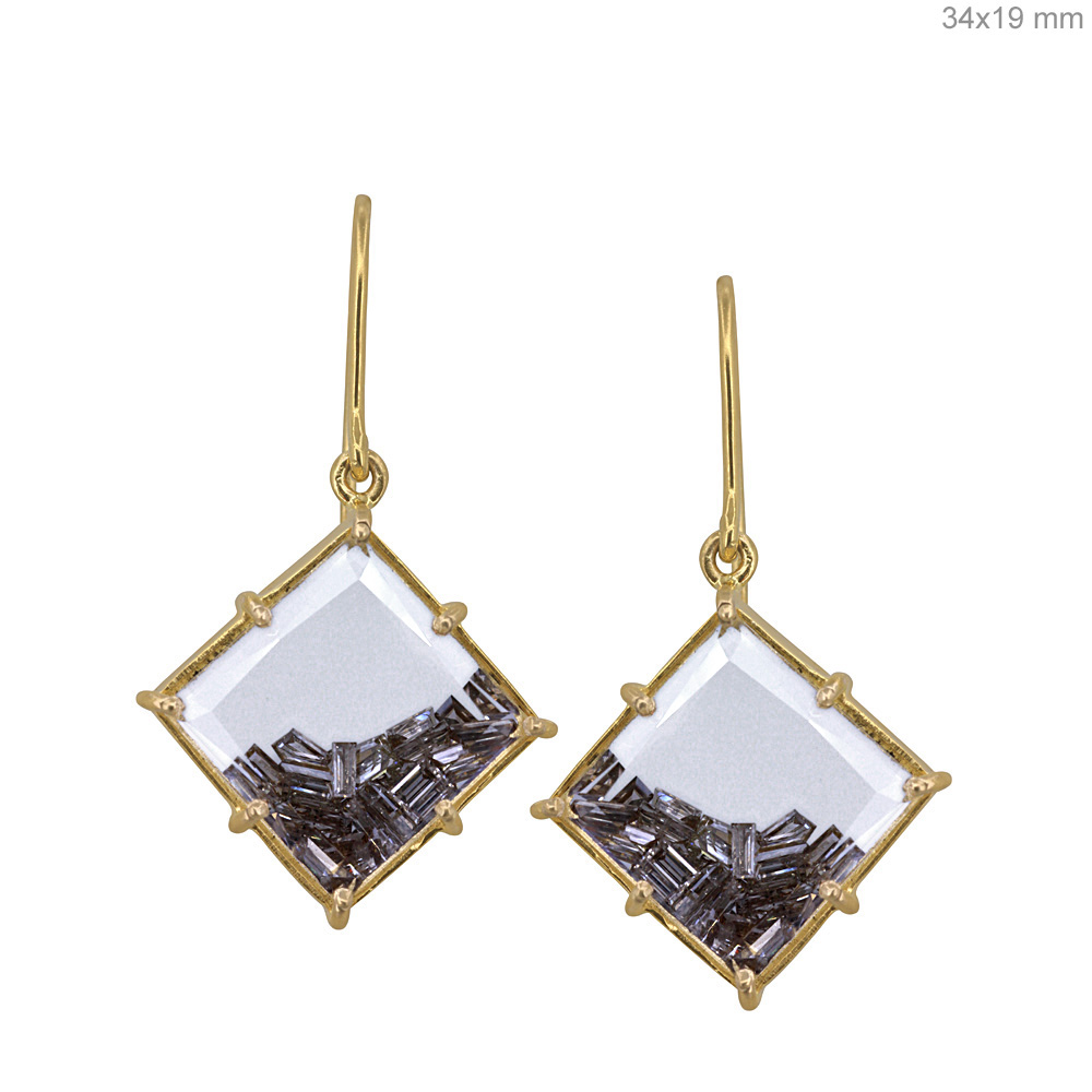 Baguette diamond 18k solid gold crystal hook drop earrings