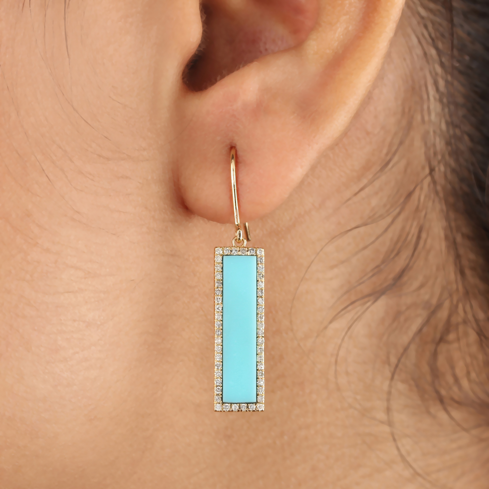 14K Solid Yellow Gold Turquoise Dangle Earrings Pave Diamond Jewelry