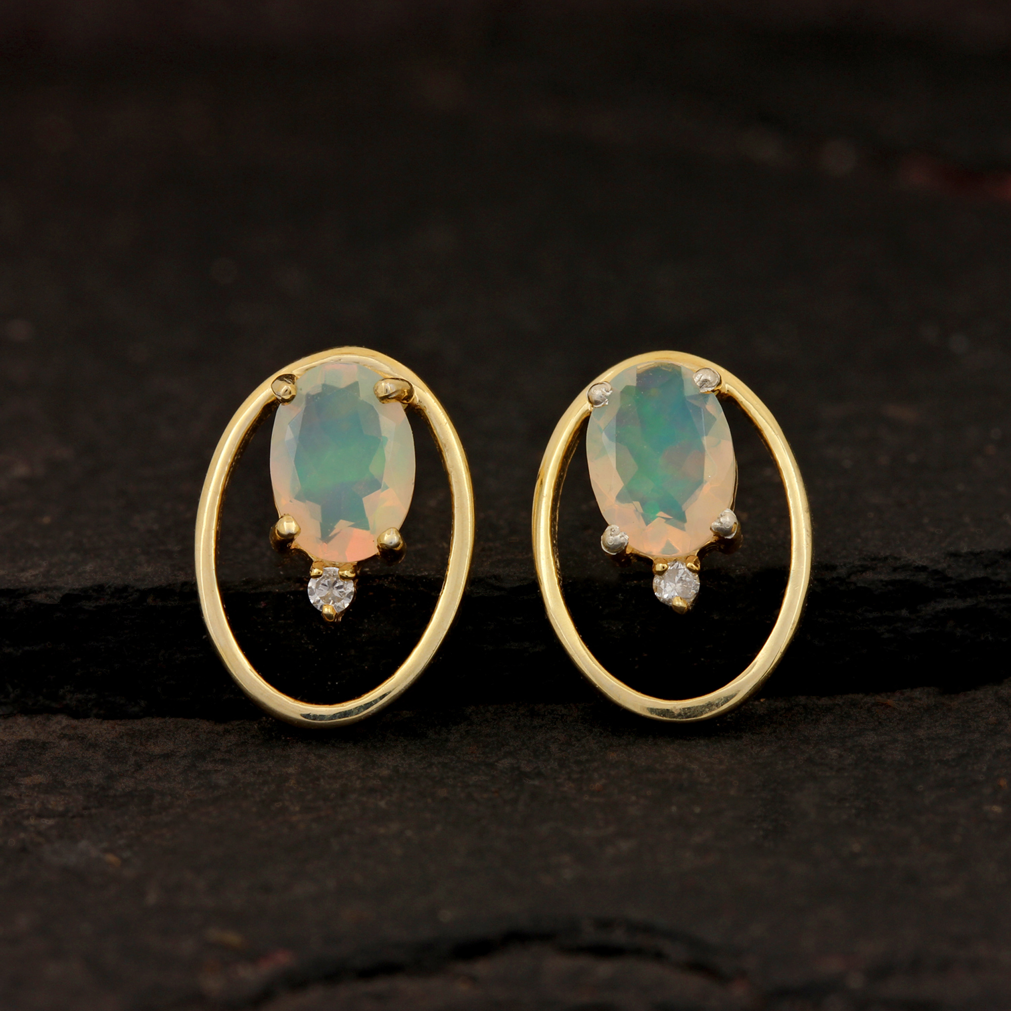 Natural Diamond Solid 14k Gold Opal Minimalist Stud Earrings