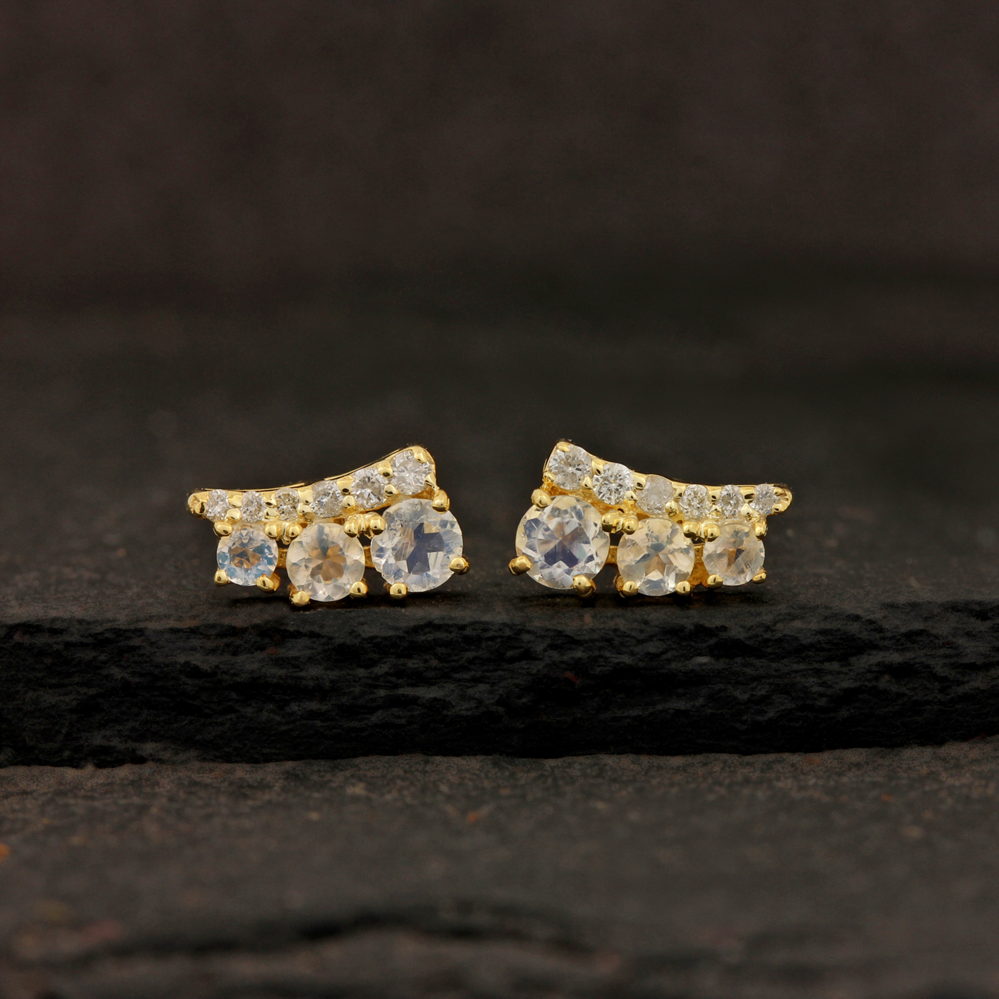 Rainbow Moonstone Stud Earrings 14k Solid Gold Natural Diamond Jewelry