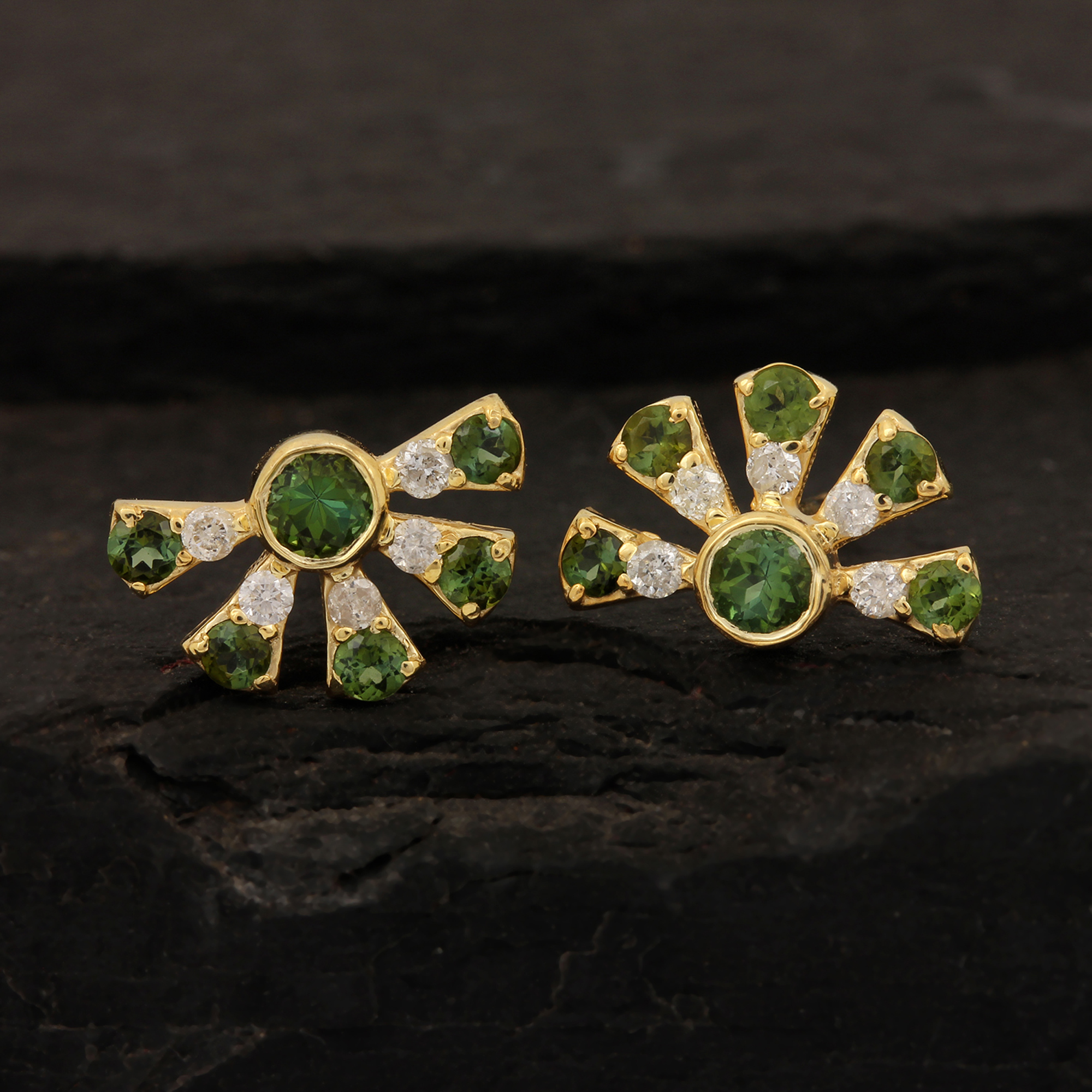 14k Solid Gold Diamond Natural Green Tourmaline Stud Earrings