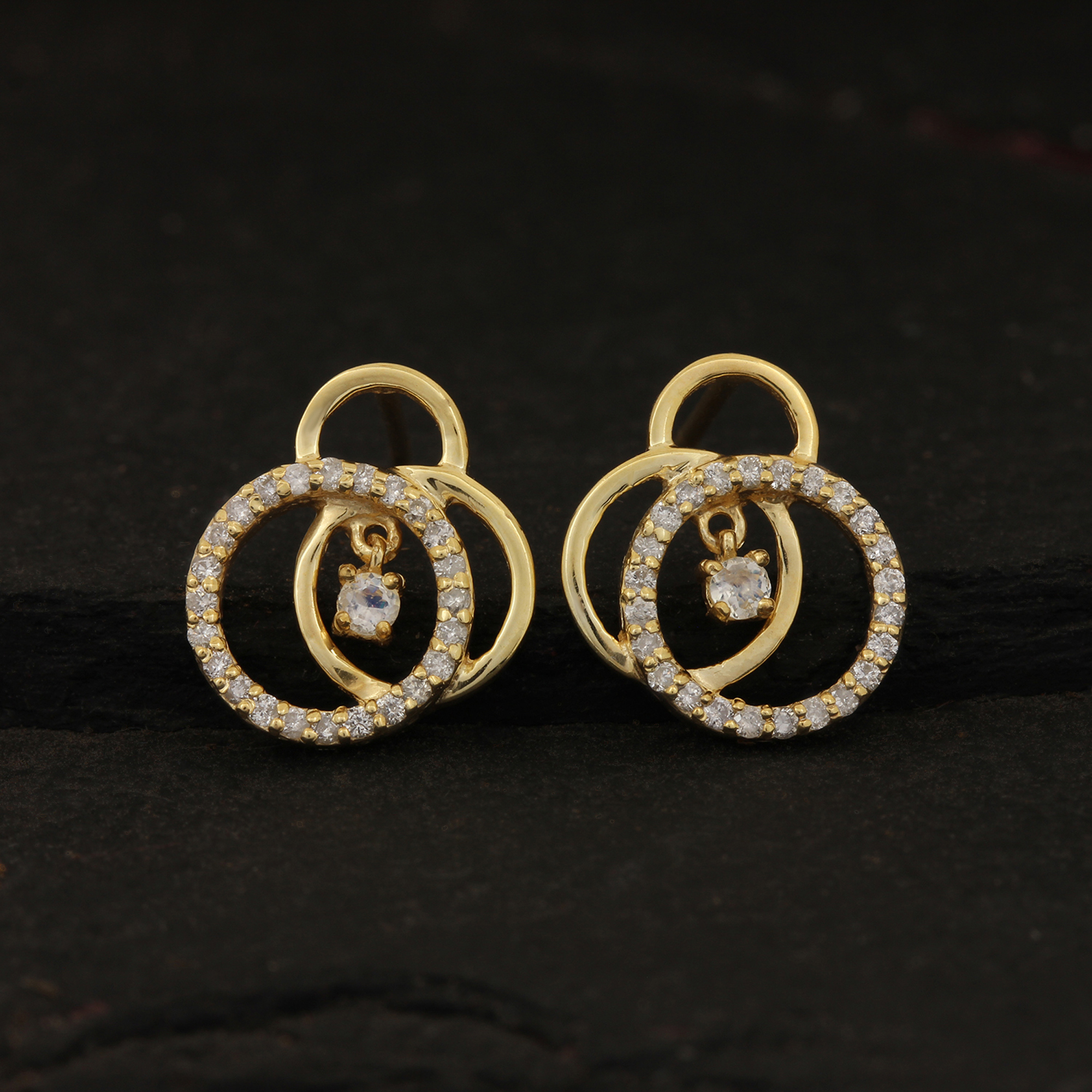 14k Solid Gold Natural Diamond Moonstone Drop Stud Earrings