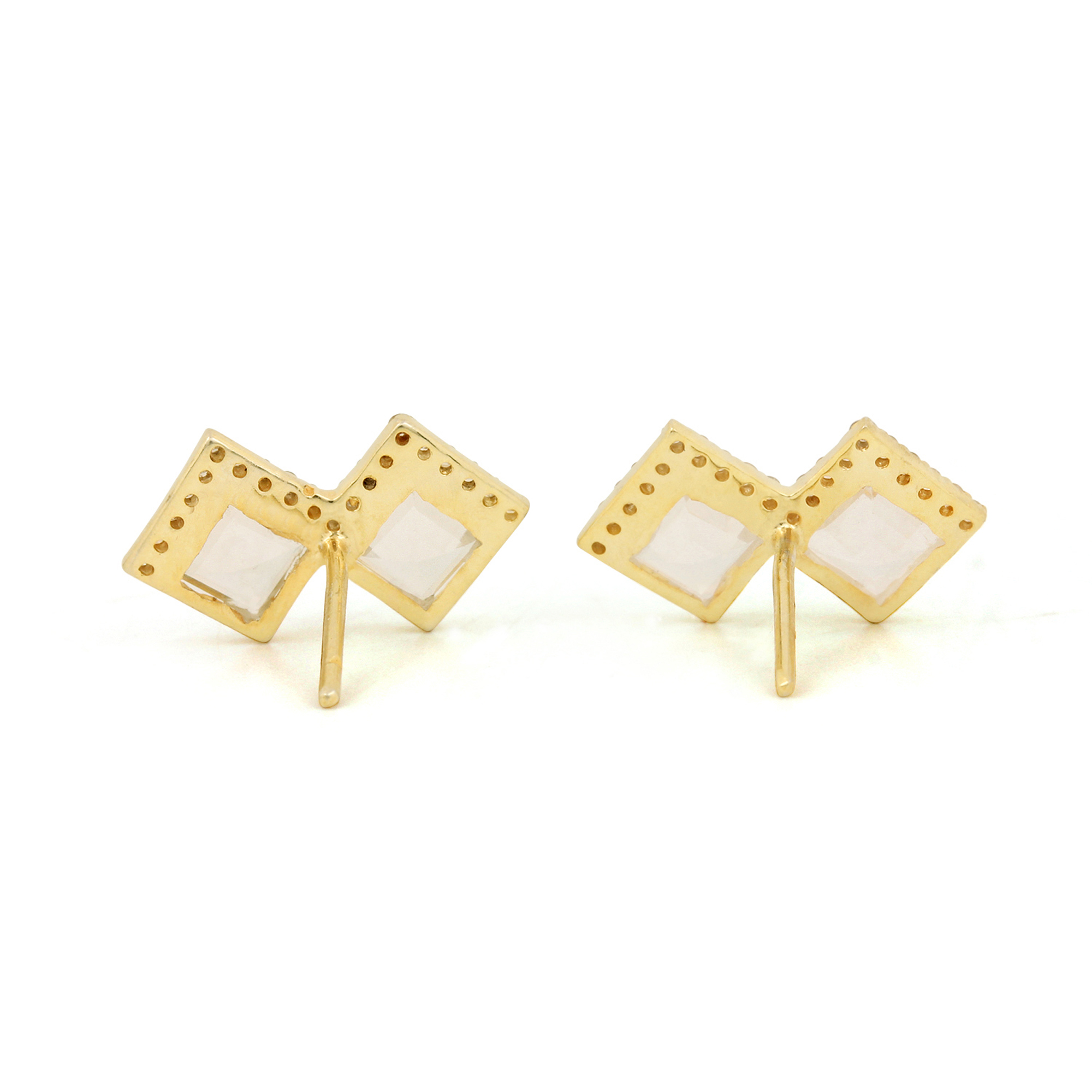 14k Solid Gold Diamond Moonstone Stud Earrings