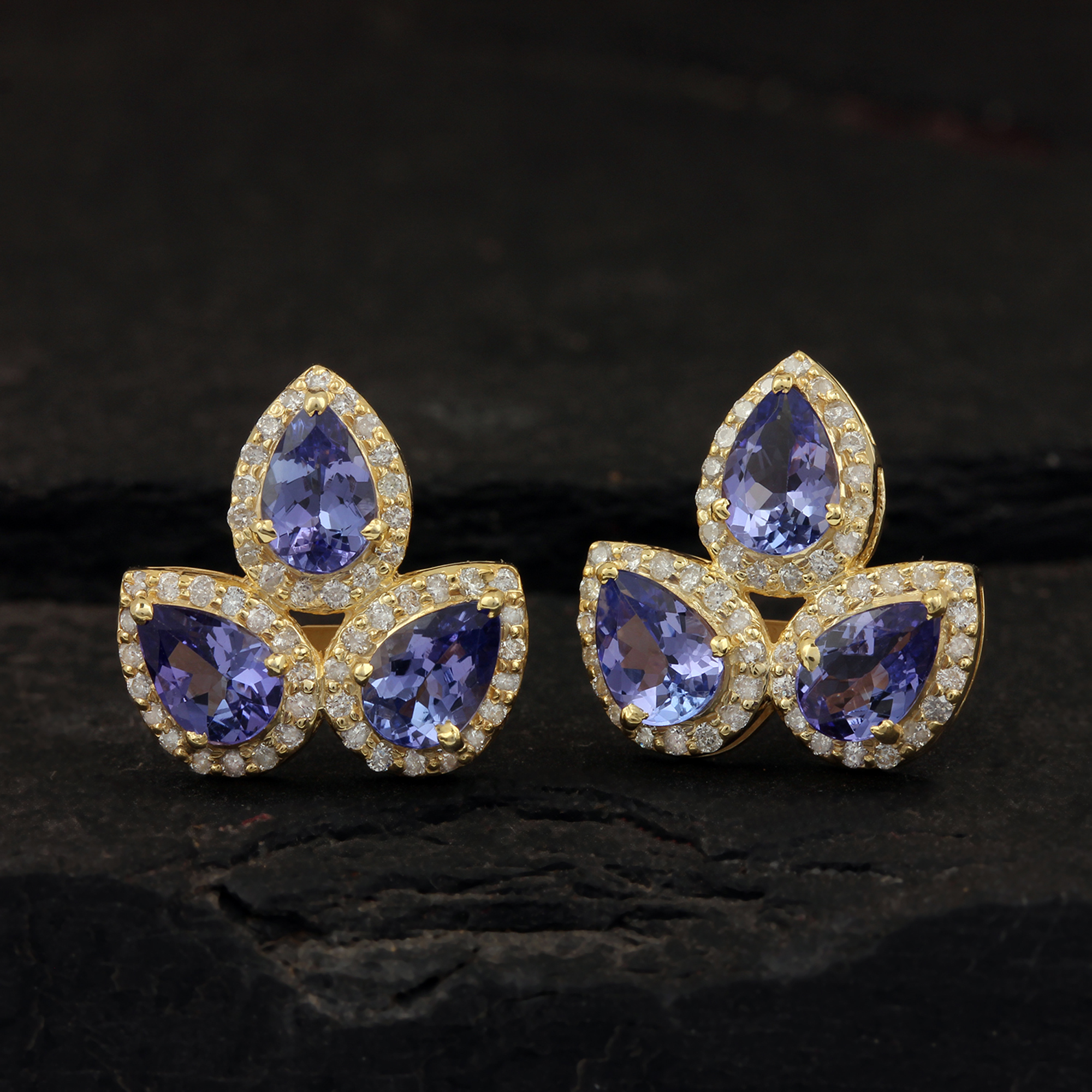 14k Gold Natural Diamond Tanzanite Stud Earrings
