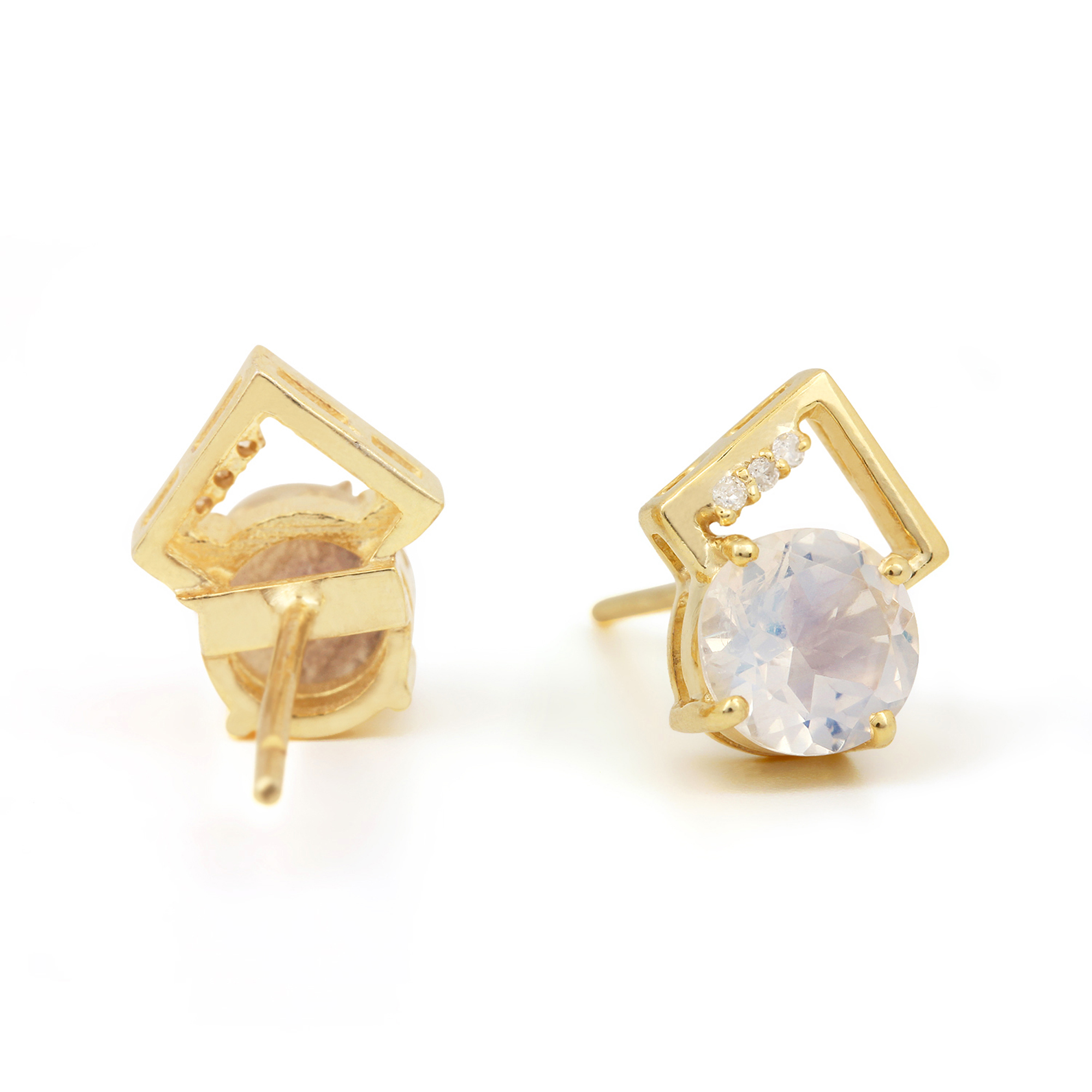 14k Gold Diamond Moonstone Solitaire Stud Earrings
