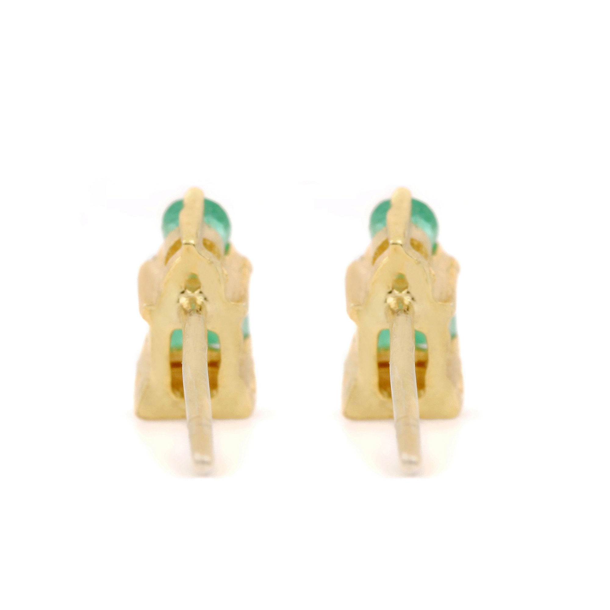 Solid 14k Gold Natural Diamond Emerald Solitaire Stud Earrings