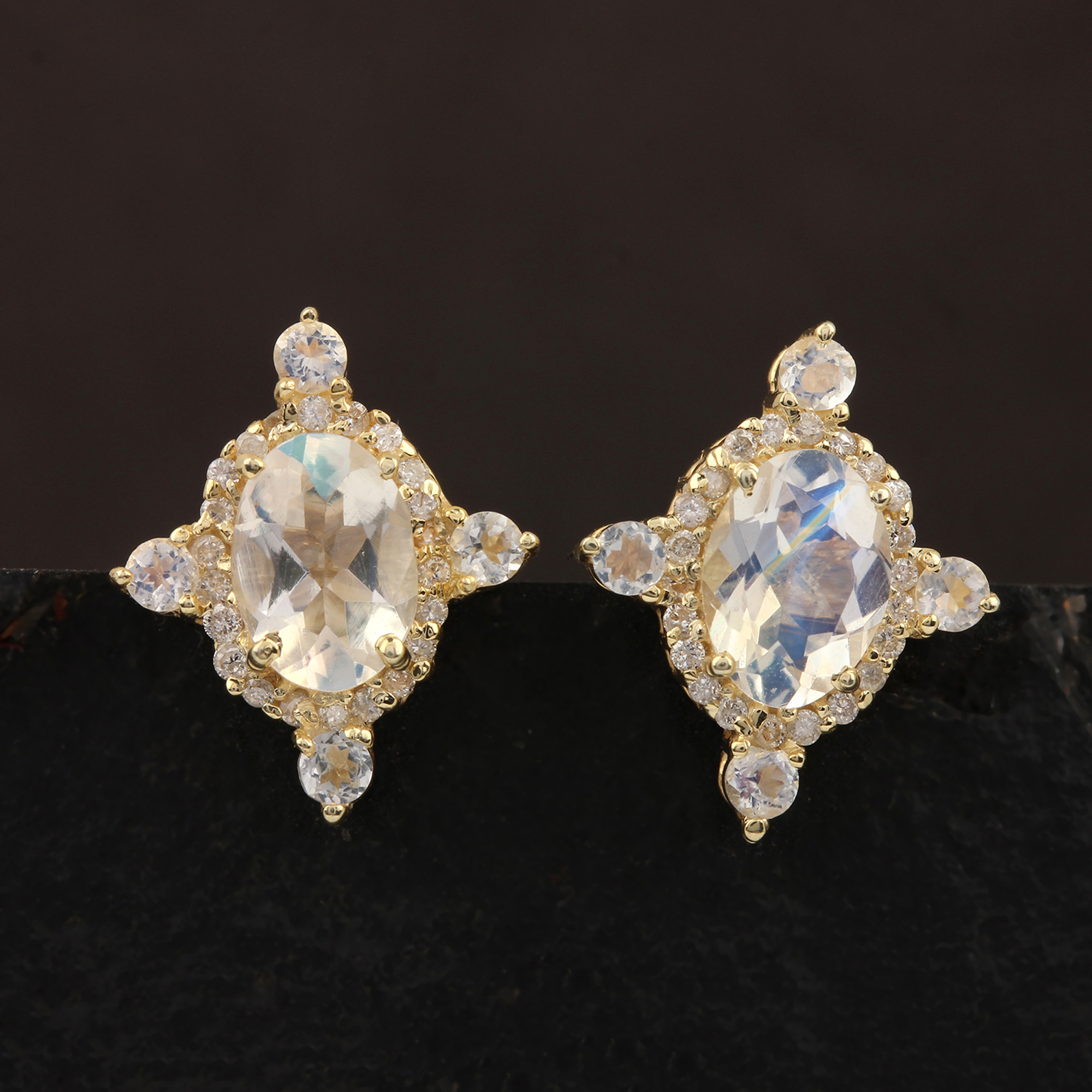 14k Gold Moonstone Solitaire Stud Earrings Natural Diamond Fine Jewelry