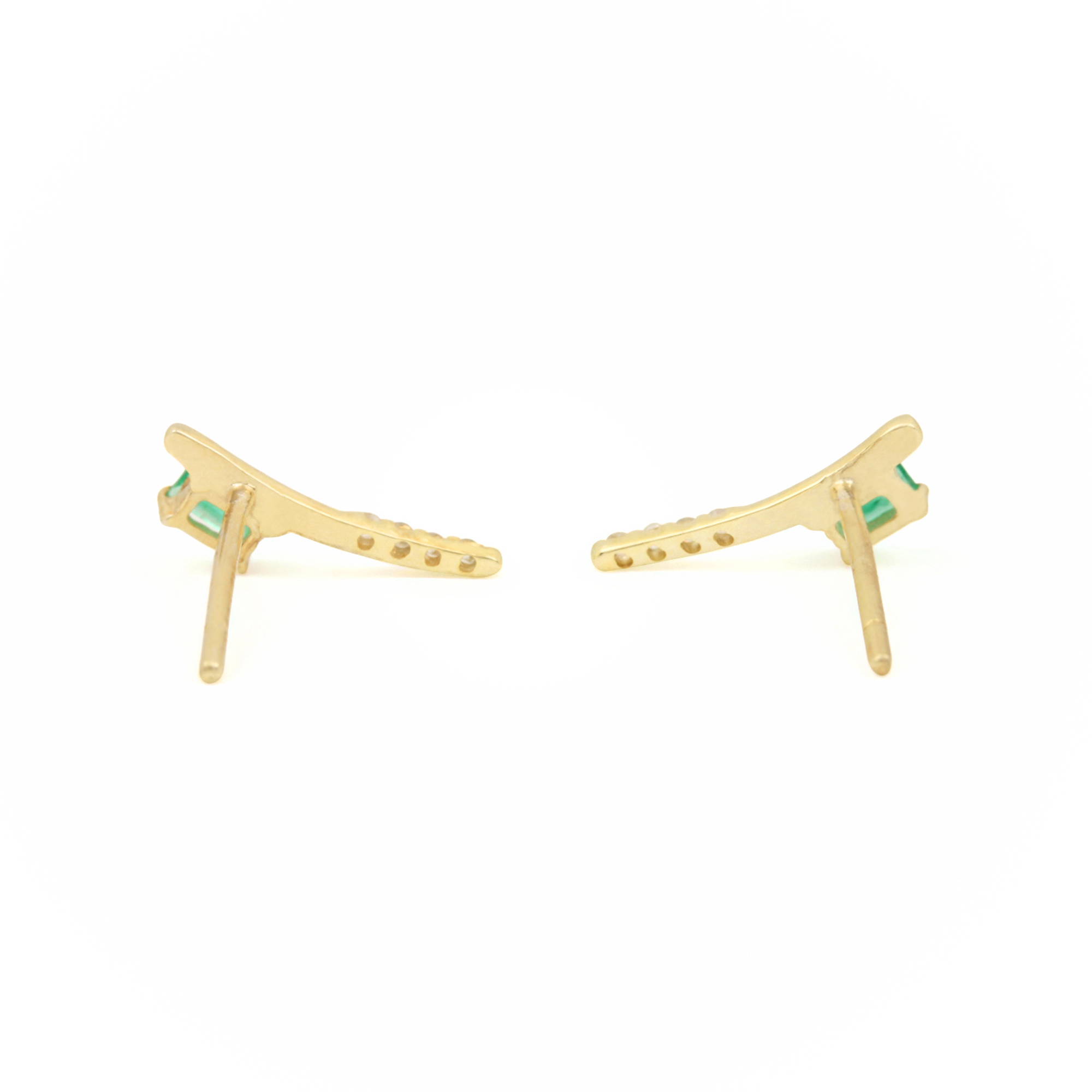 14k Solid Gold Stud Earrings Adorned With Natural Diamond & Emerald