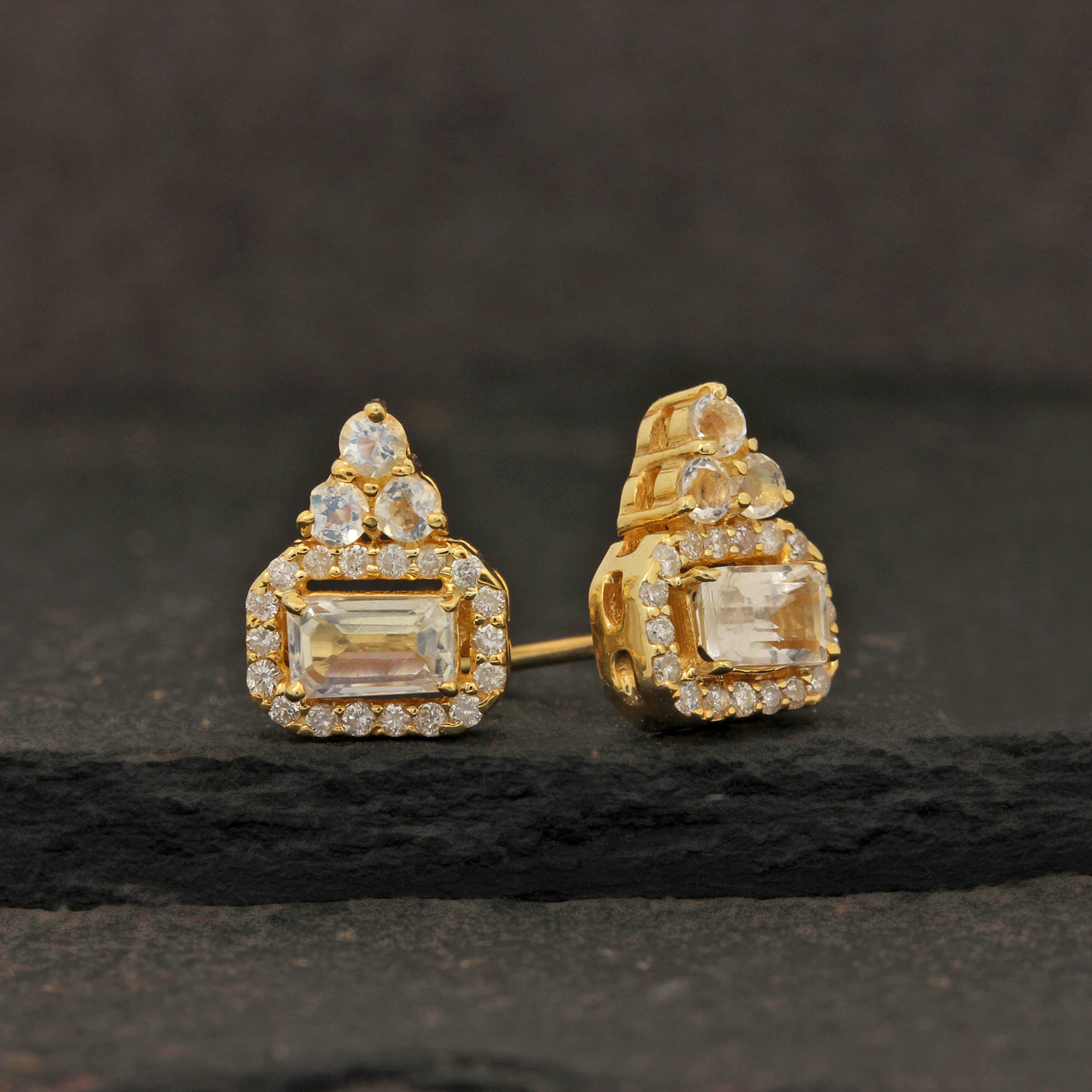 14k Solid Gold Diamond & Rainbow Moonstone Minimalist Stud Earrings