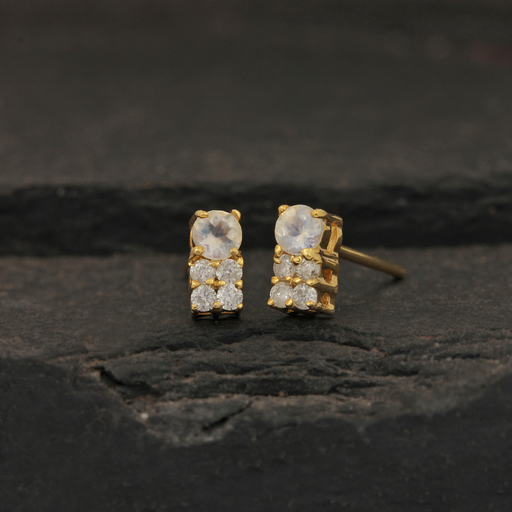 Natural Diamond 14k Solid Gold Moonstone Minimalist Stud Earrings