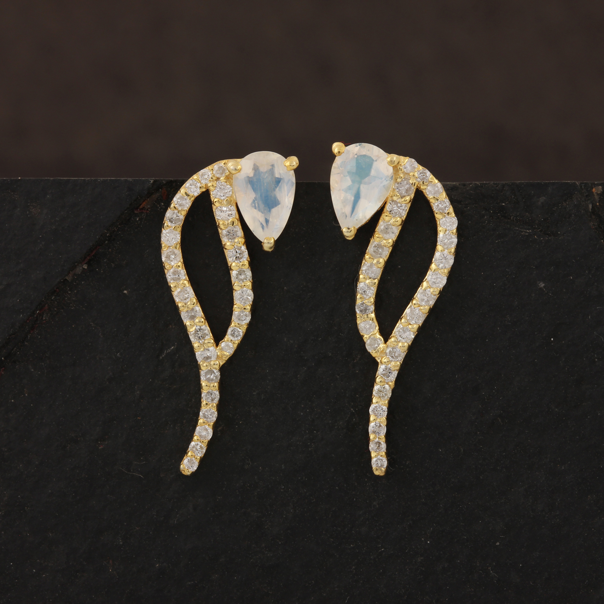 Natural Diamond 14k Solid Gold Rainbow Moonstone Stud Earrings