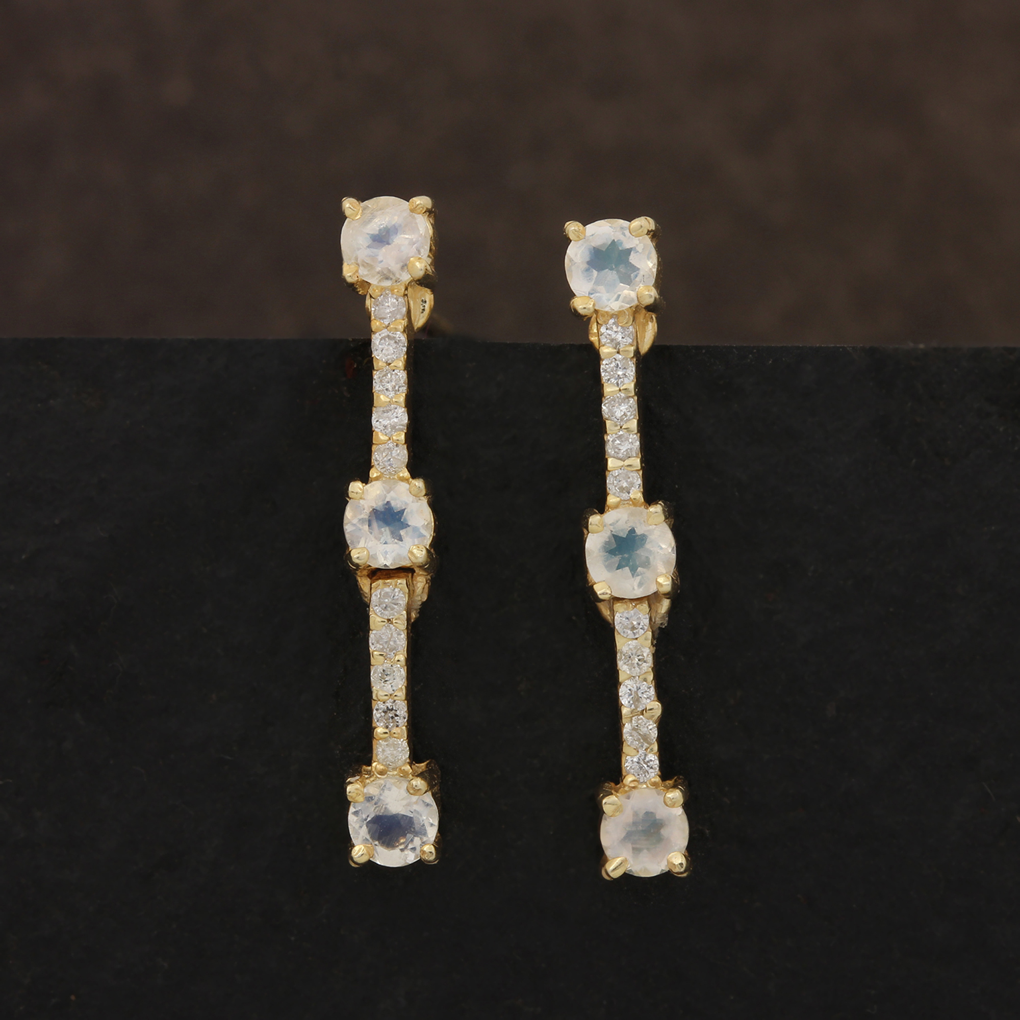 14k Solid Gold Stud Earrings Adorned With Diamond & Moonstone