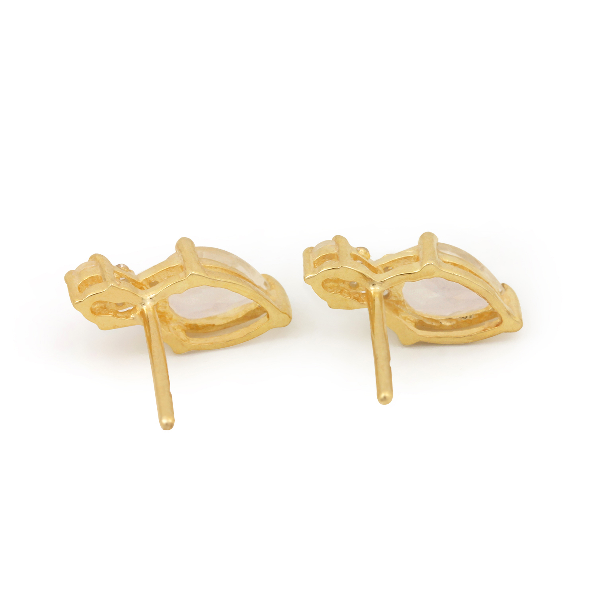 14k Gold Stud Earrings Adorned With Natural Diamond & Rainbow Moonstone