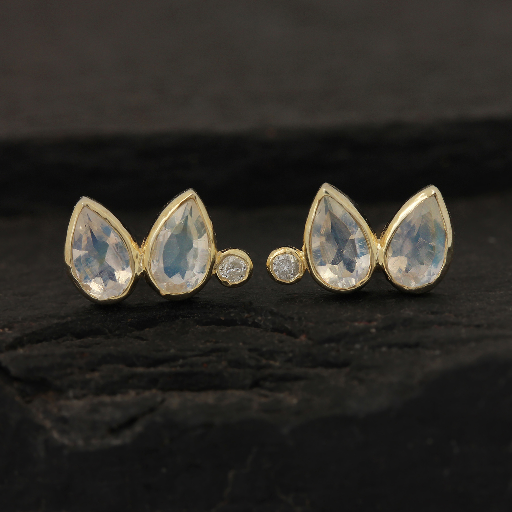 14k Gold Solitaire Stud Earrings Adorned With Diamond & Moonstone