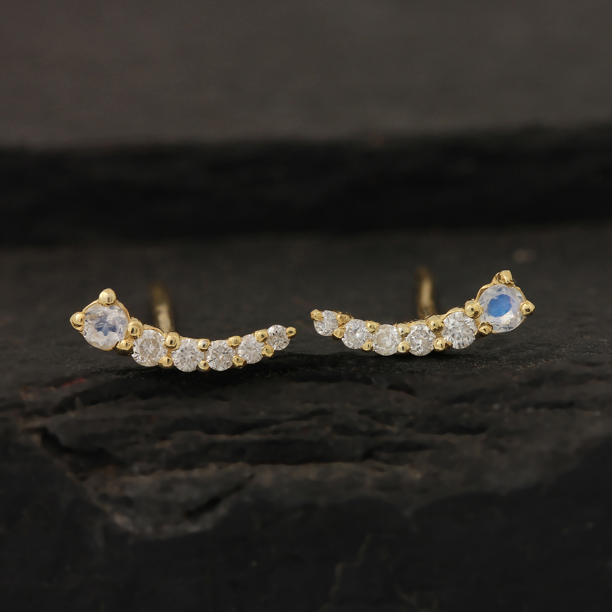 14k Solid Gold Stud Earrings Adorned With Natural Diamond & Rainbow Moonstone