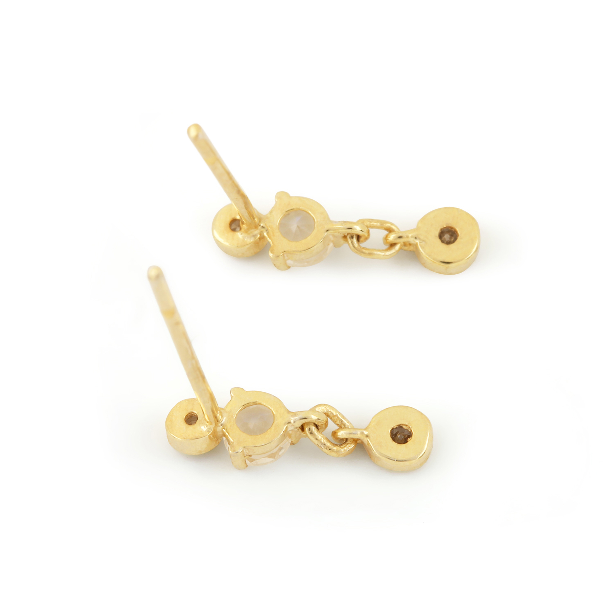 14k Gold Drop Stud Earrings Adorned With Diamond & Moonstone