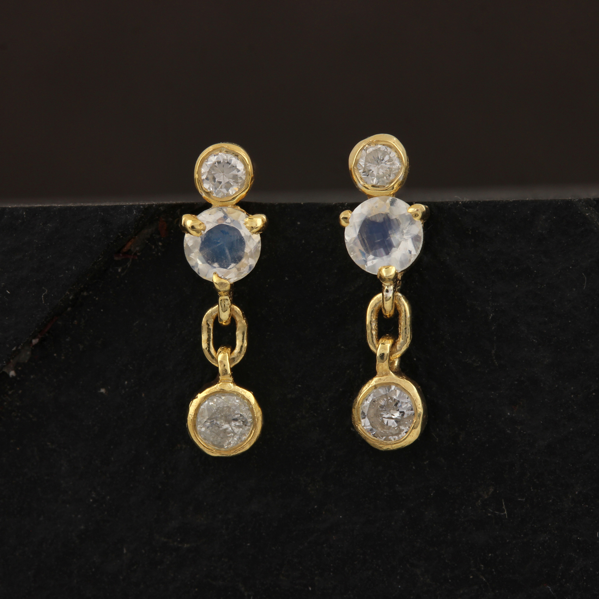 14k Gold Drop Stud Earrings Adorned With Diamond & Moonstone