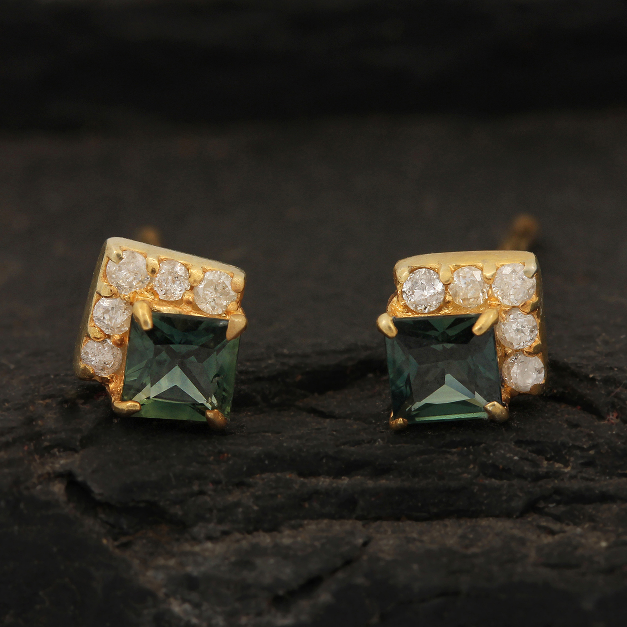 Natural Diamond Green Sapphire 14k Solid Gold Minimalist Stud Earrings