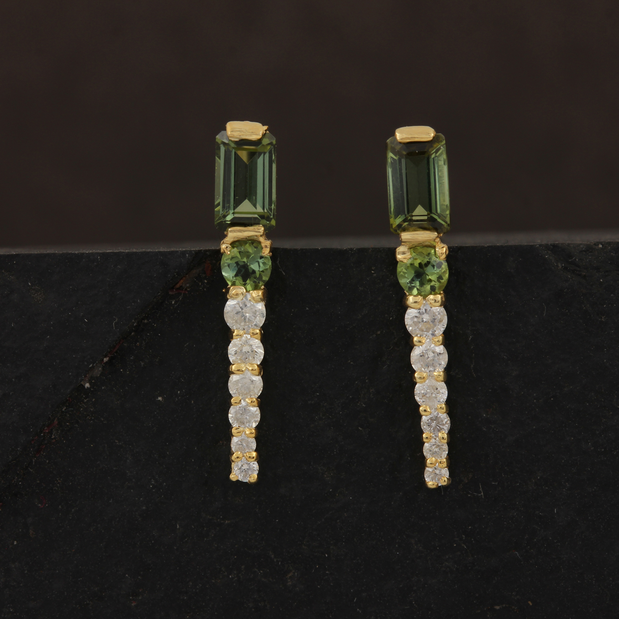 14k Gold Diamond & Green Tourmaline Minimalist Stud Earrings