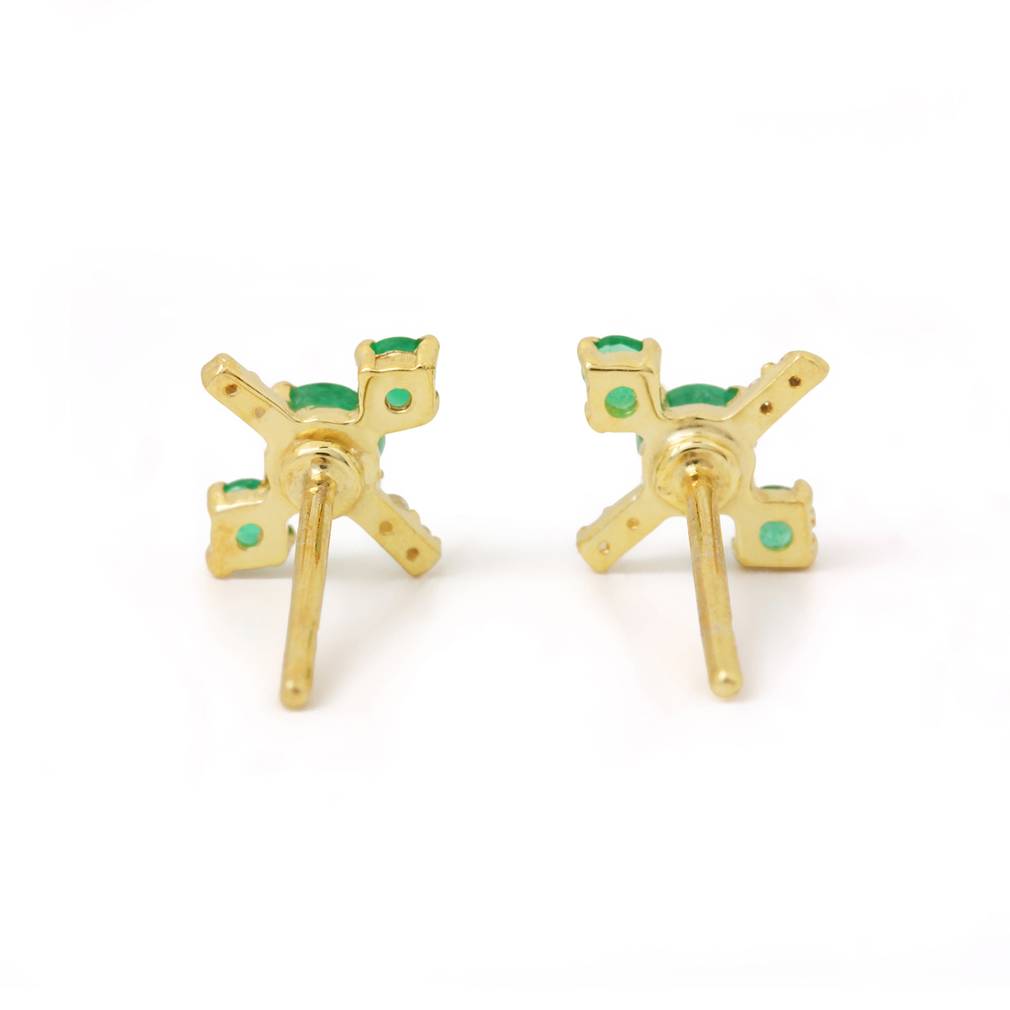 14k Gold Natural Diamond & Emerald Minimalist Stud Earrings