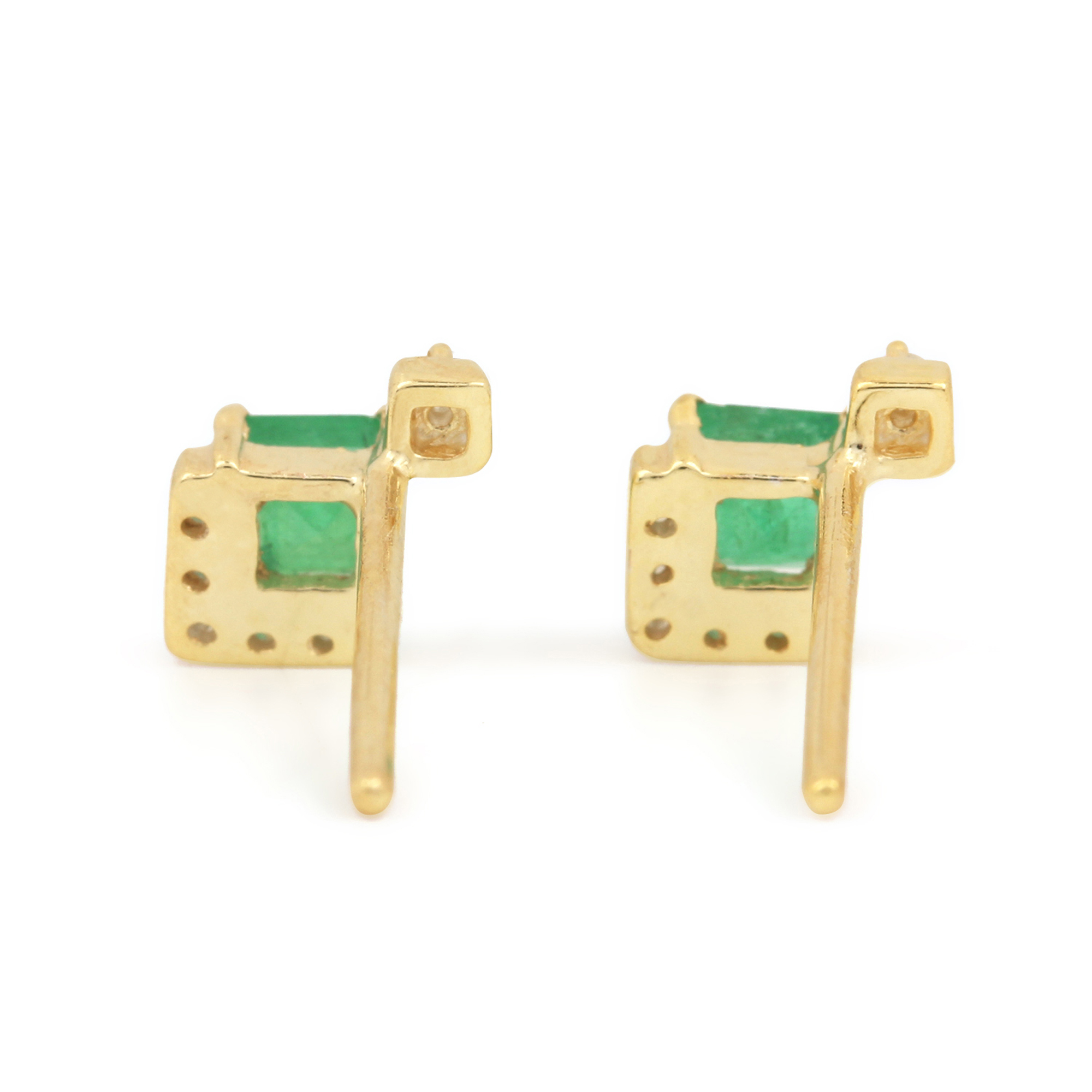 Natural Diamond Solid 14k Gold Emerald Minimalist Stud Earrings