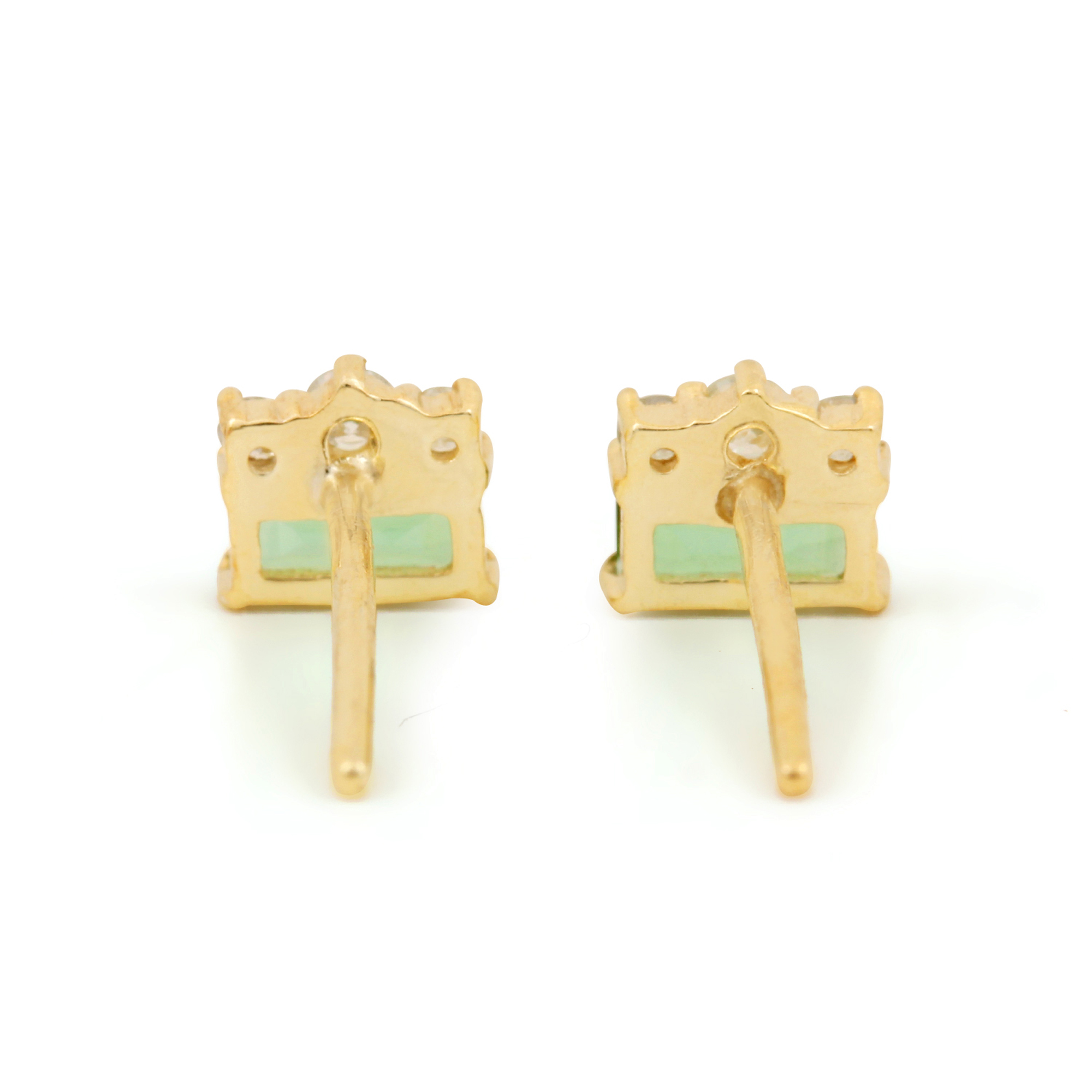 14k Solid Gold Minimalist Stud Earrings Adorned With Natural Diamond & Green Tourmaline