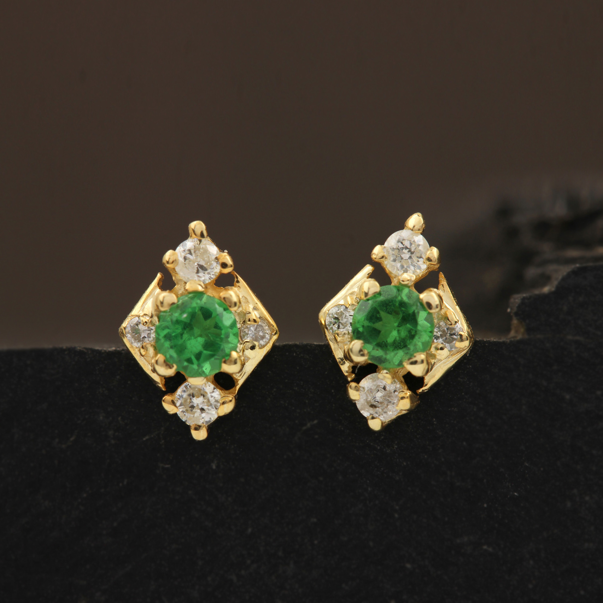 14k Gold Natural Diamond & Tsavorite Minimalist Stud Earrings