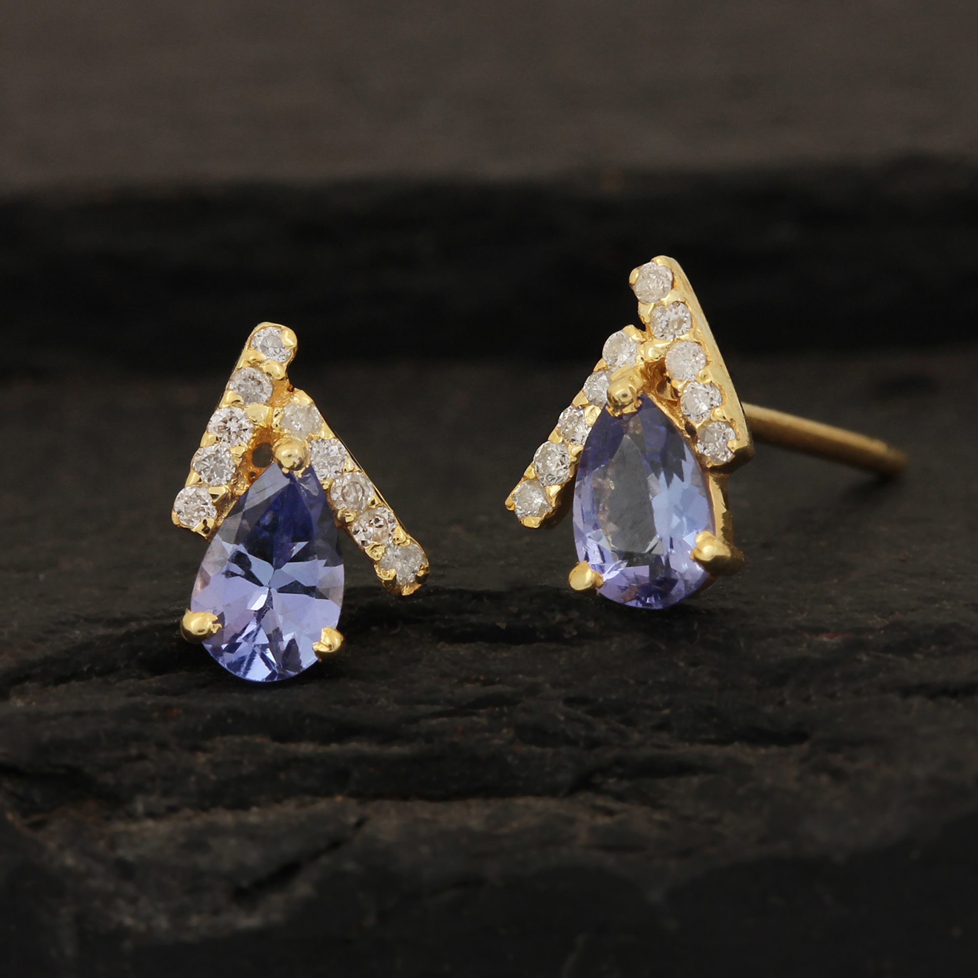 Solid 14k Gold Minimalist Stud Earrings Adorned With Diamond &Tanzanite