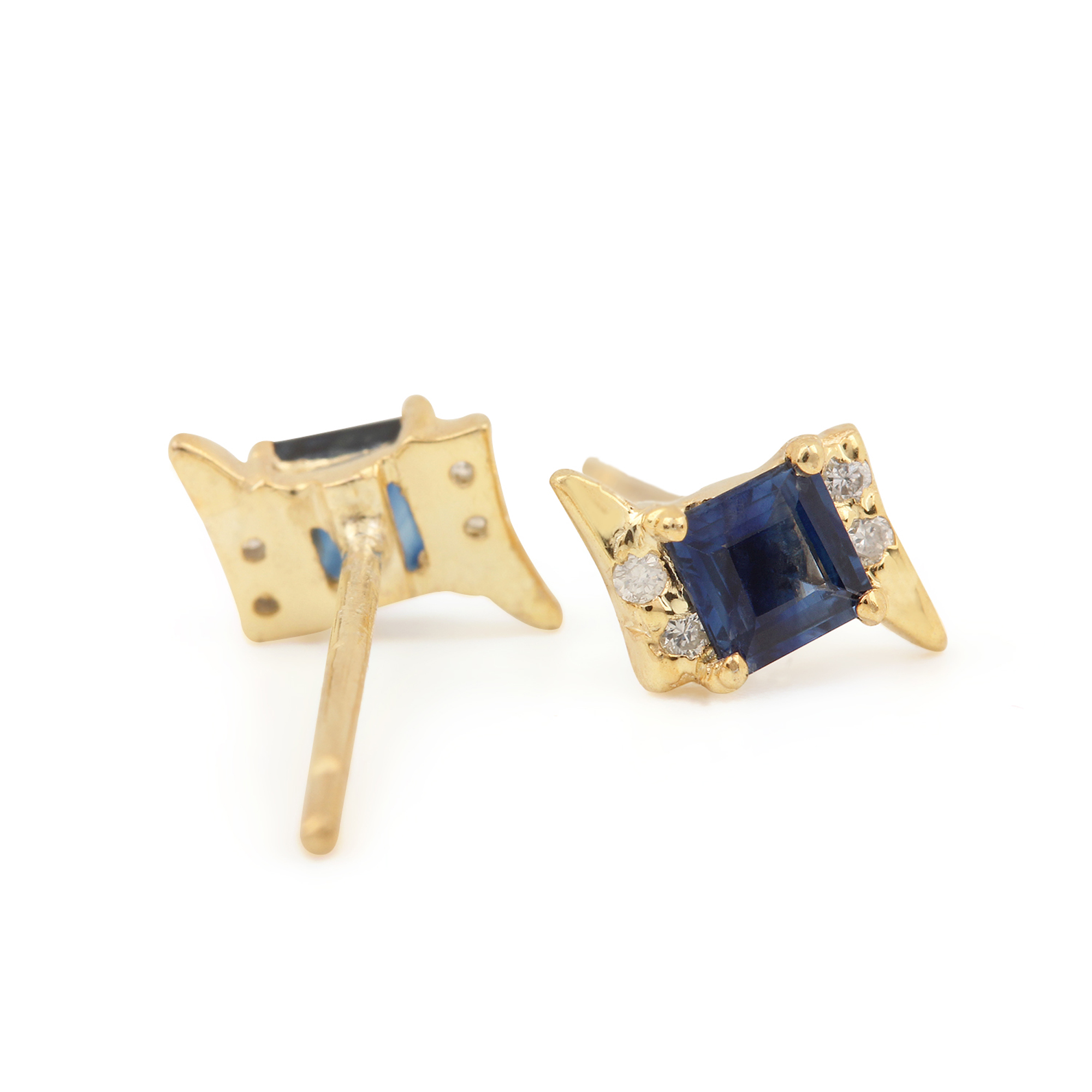 Natural Diamond 14k Gold Blue Sapphire Minimalist Stud Earrings