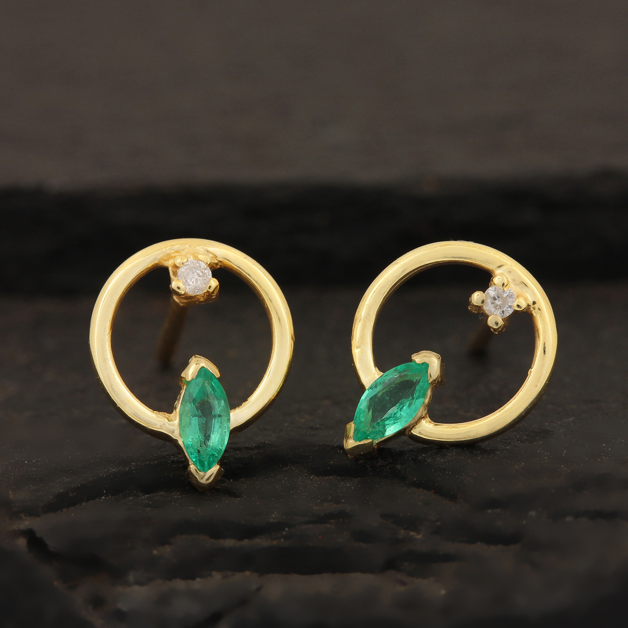 Natural Diamond 14k Solid Gold Emerald Minimalist Stud Earrings