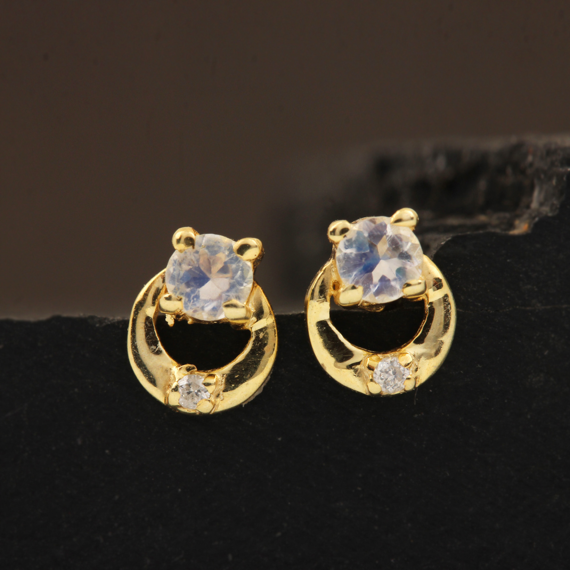 Natural Diamond Moonstone 14k Solid Gold Stud Earrings