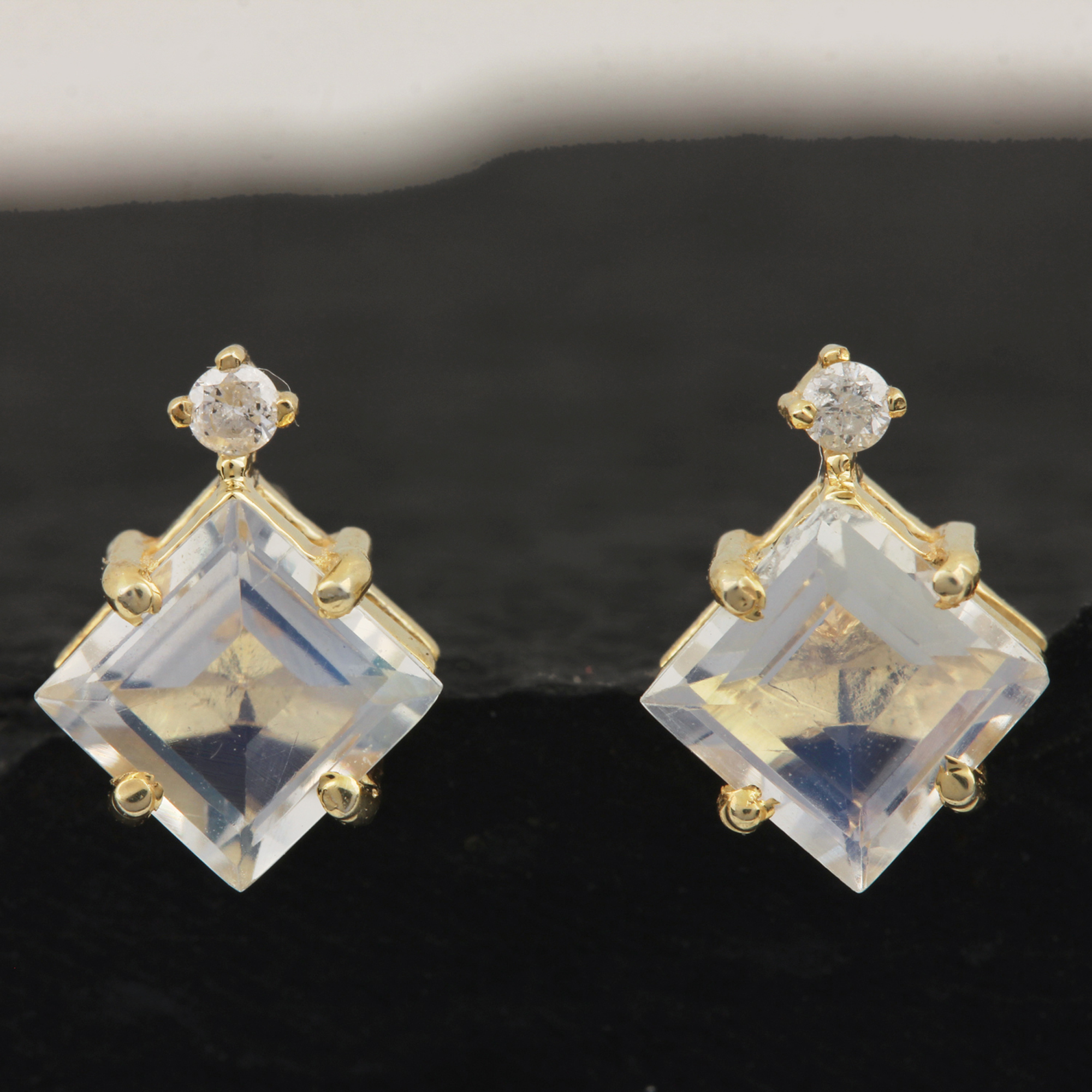 Natural Diamond & Moonstone Solitaire Stud Earrings Set In 14k Solid Gold