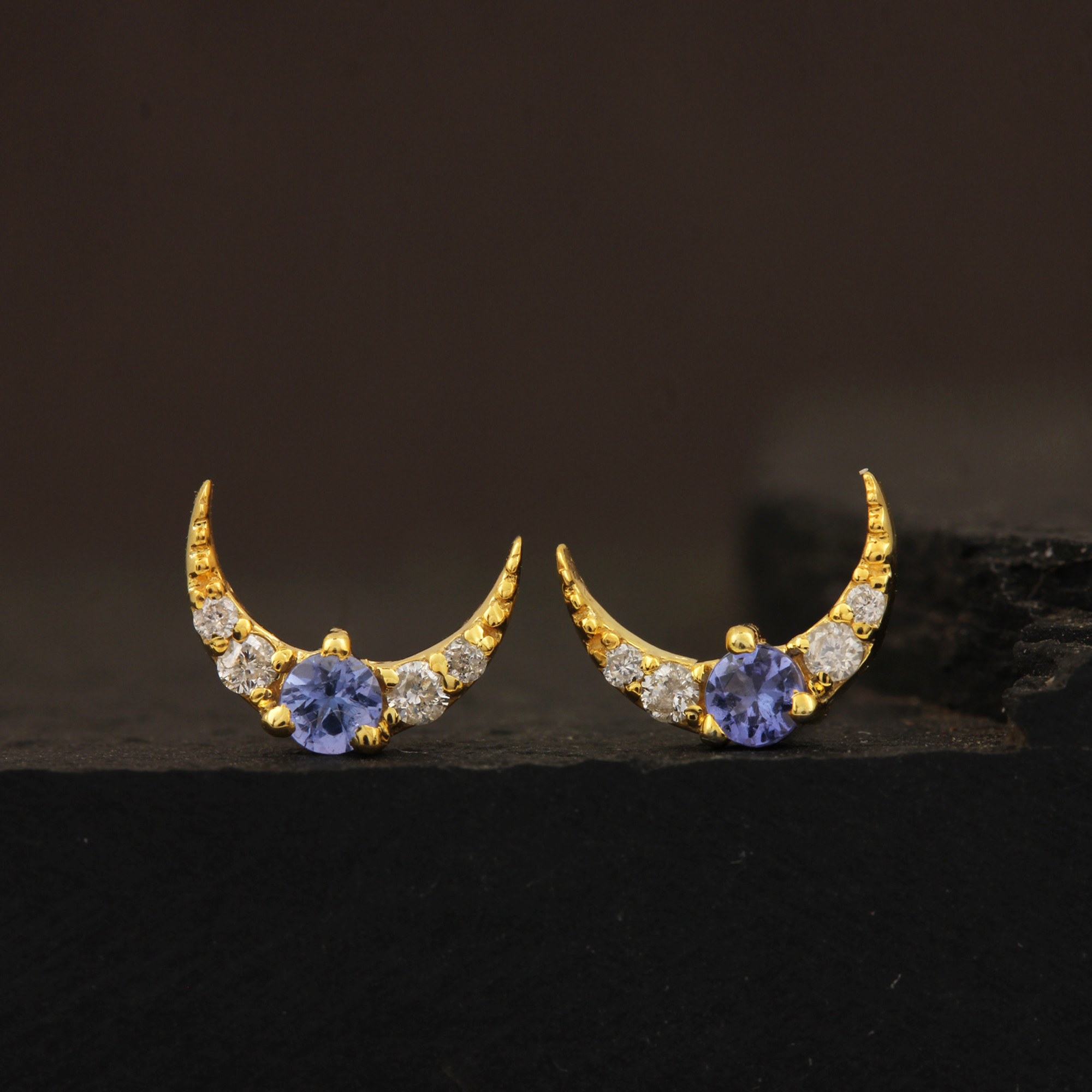 14k Solid Gold Diamond & Natural Tanzanite Minimalist Stud Earrings