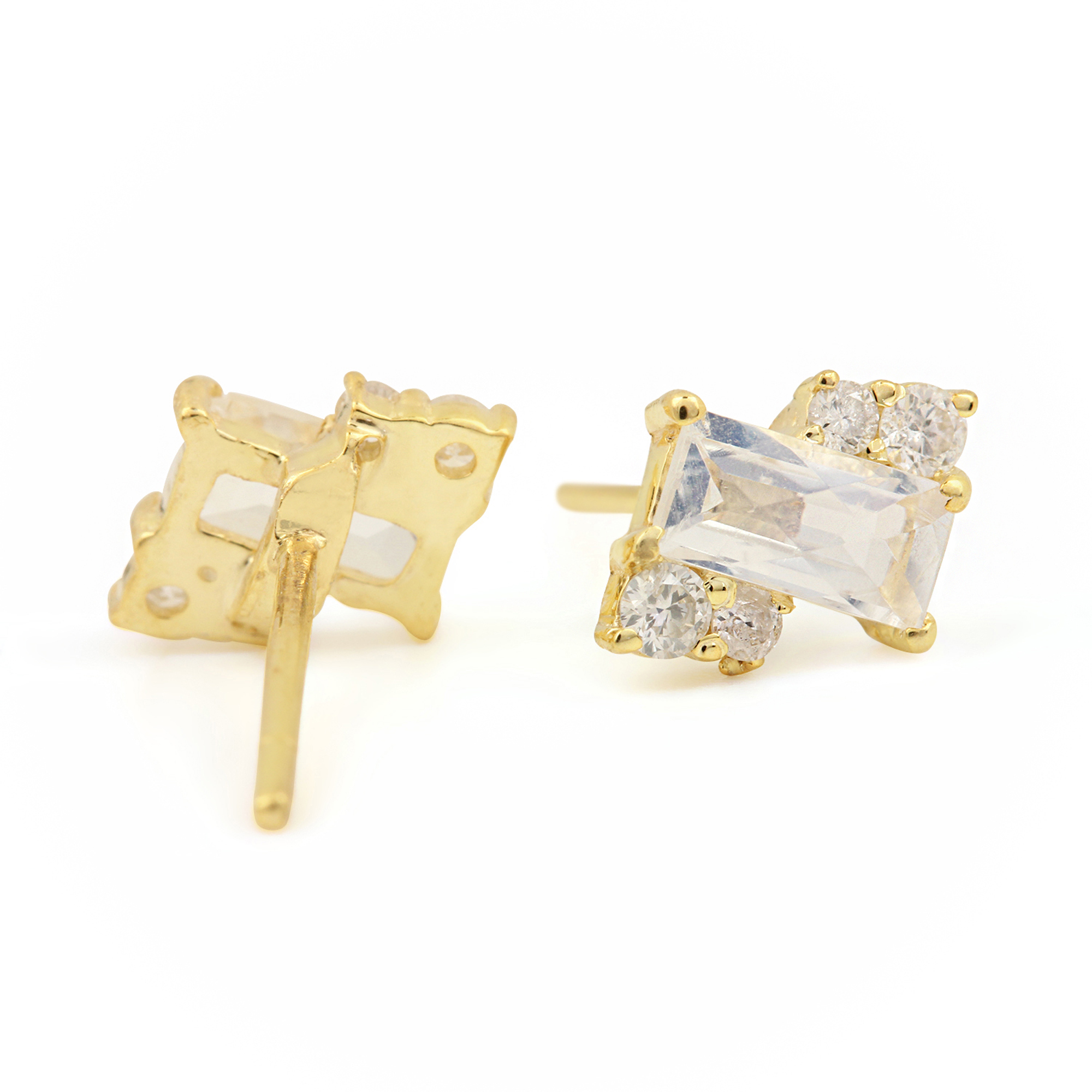 14k Solid Gold Minimalist Stud Earrings Adorned With Diamond & Moonstone