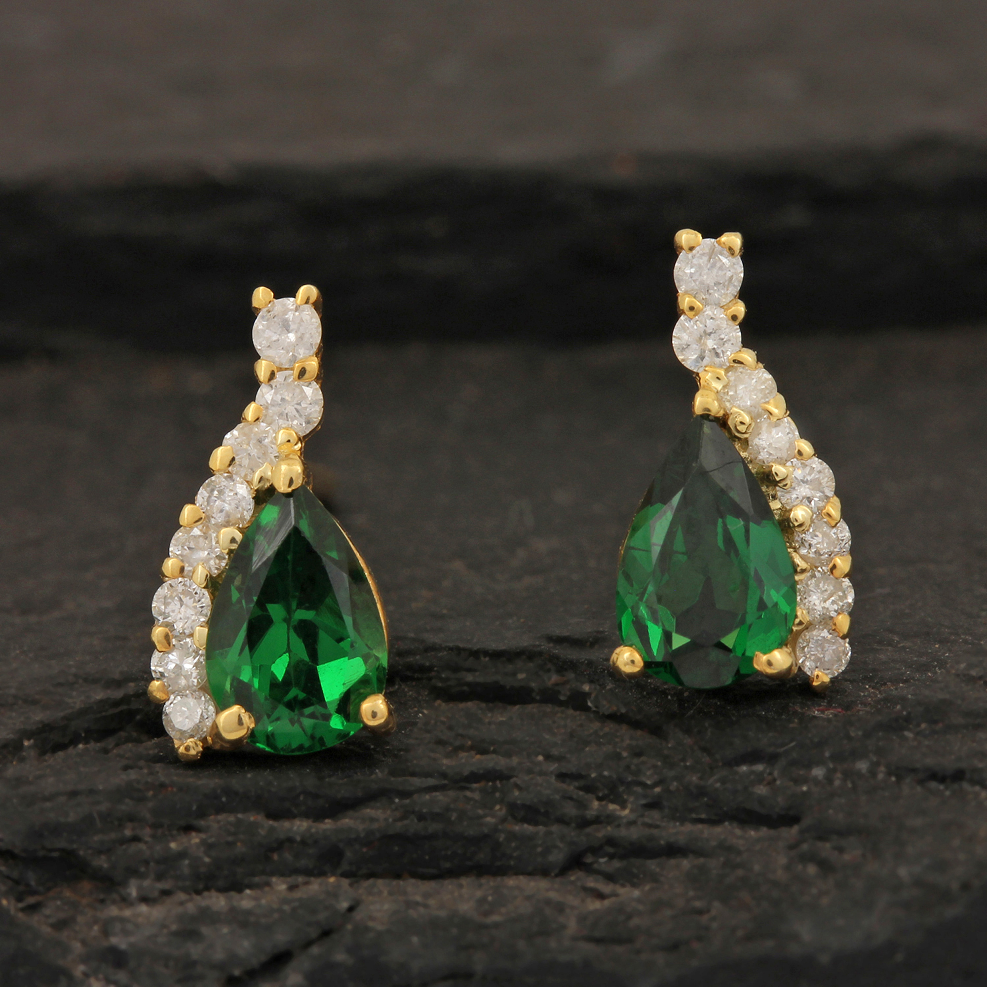 Minimalist Stud Earrings Adorned With Diamond & Tsavorite 14k Solid Gold Jewelry