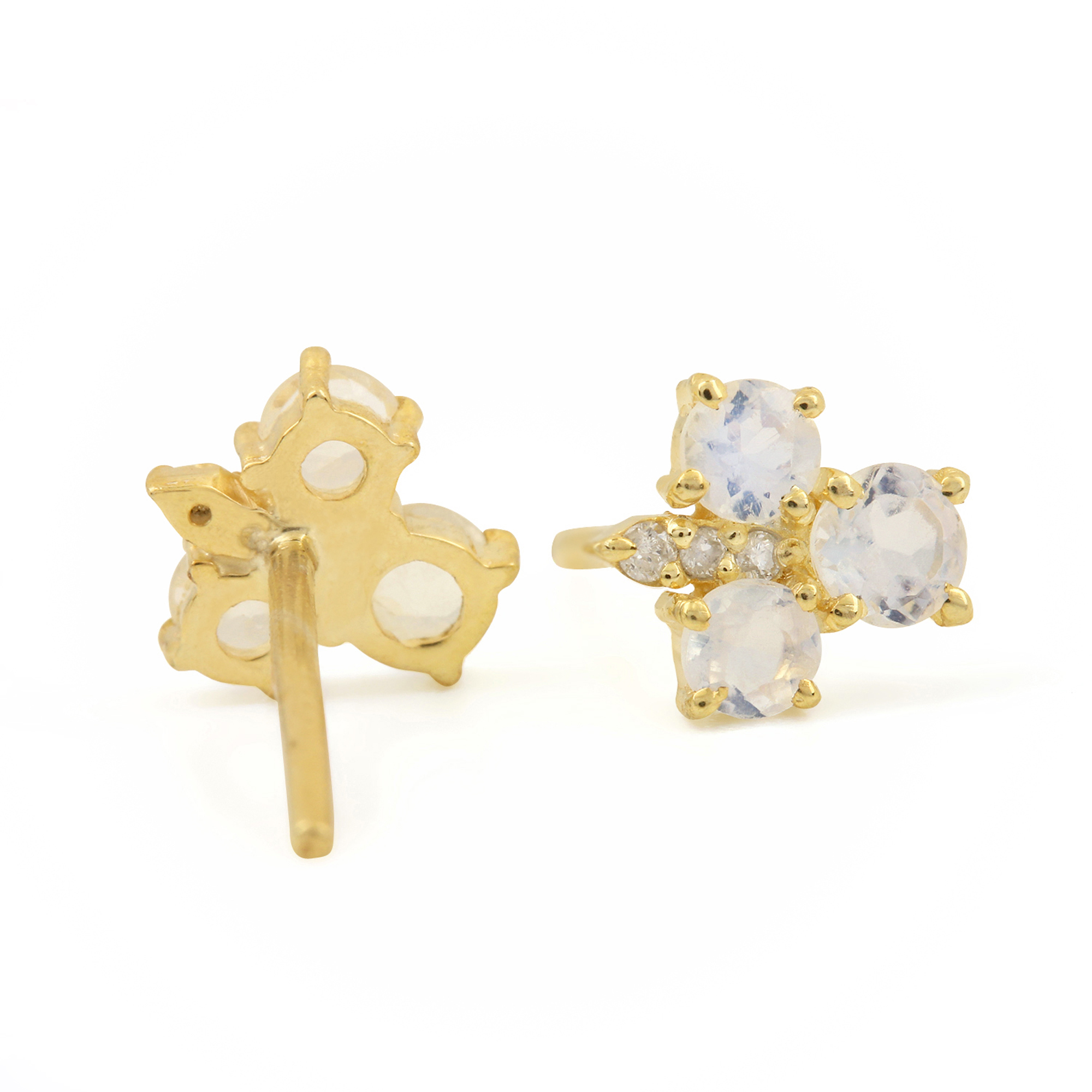 14k Solid Gold Stud Earrings Adorned With Diamond & 0.47ct Moonstone