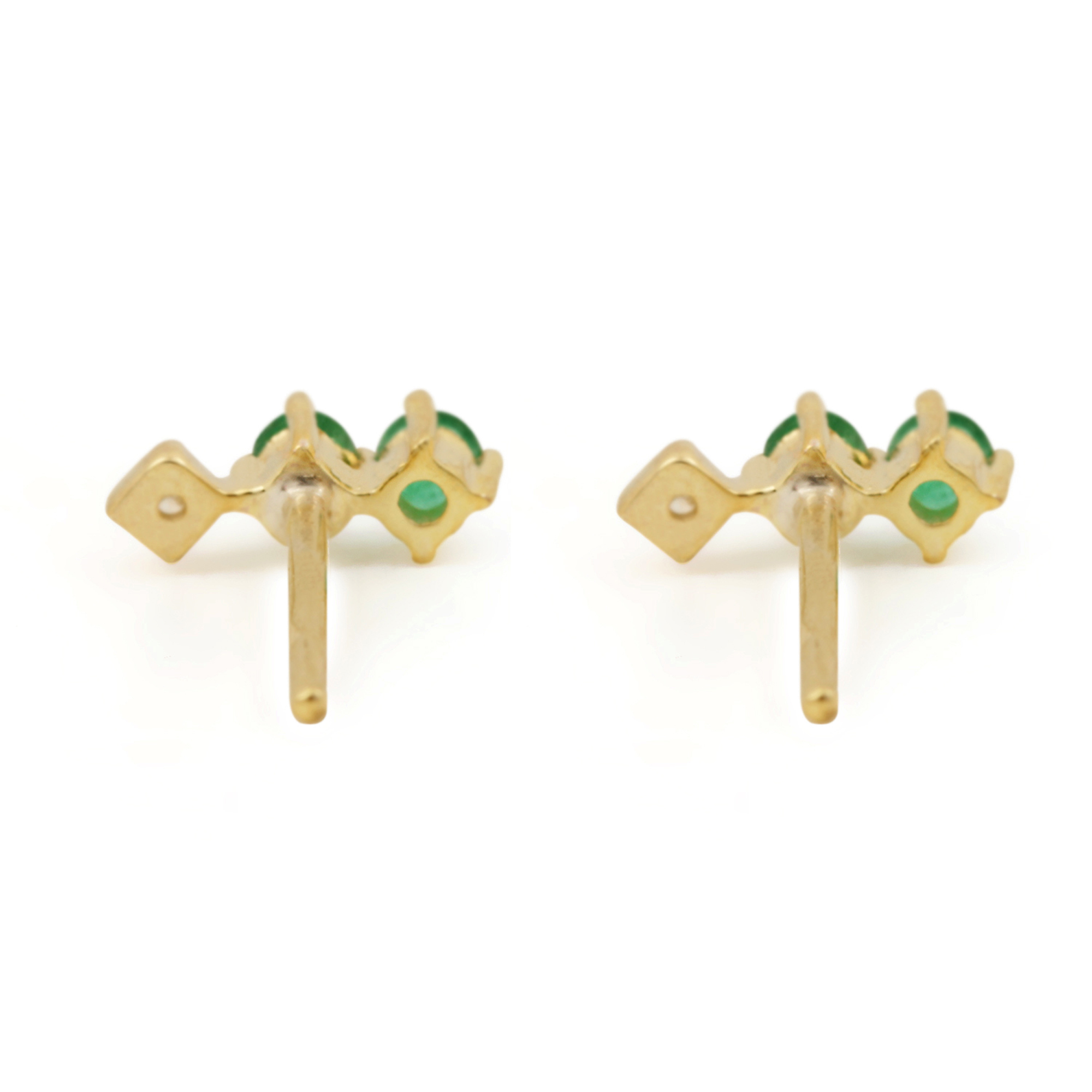 Solid 14k Gold Minimalist Stud Earrings Adorned With Diamond & Natural Emerald