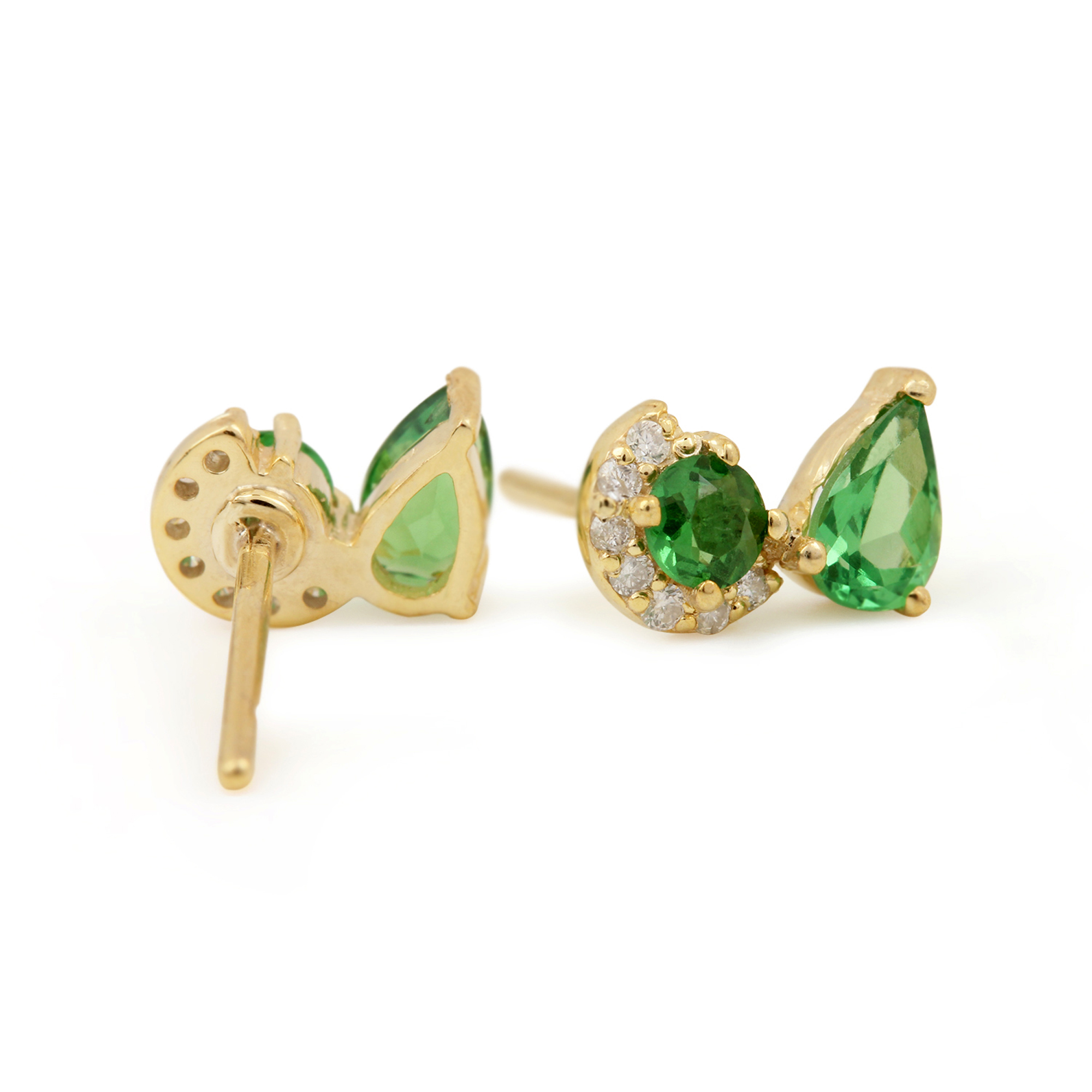 Solid 14k Gold Solitaire Stud Earrings Adorned With Diamond & Natural Tsavorite