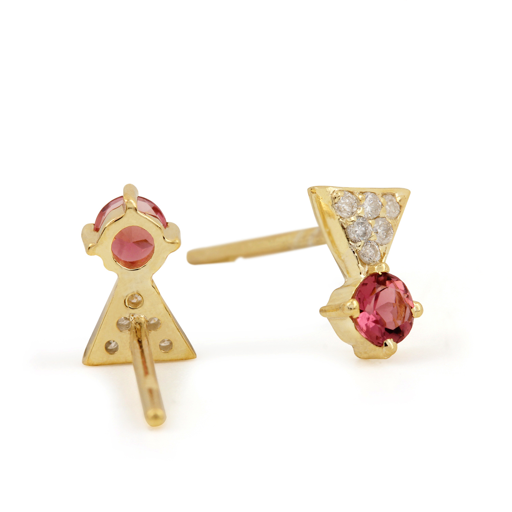 Solitaire Stud Earrings Adorned With Diamond & Natural Tourmaline 14k Solid Gold Jewelry