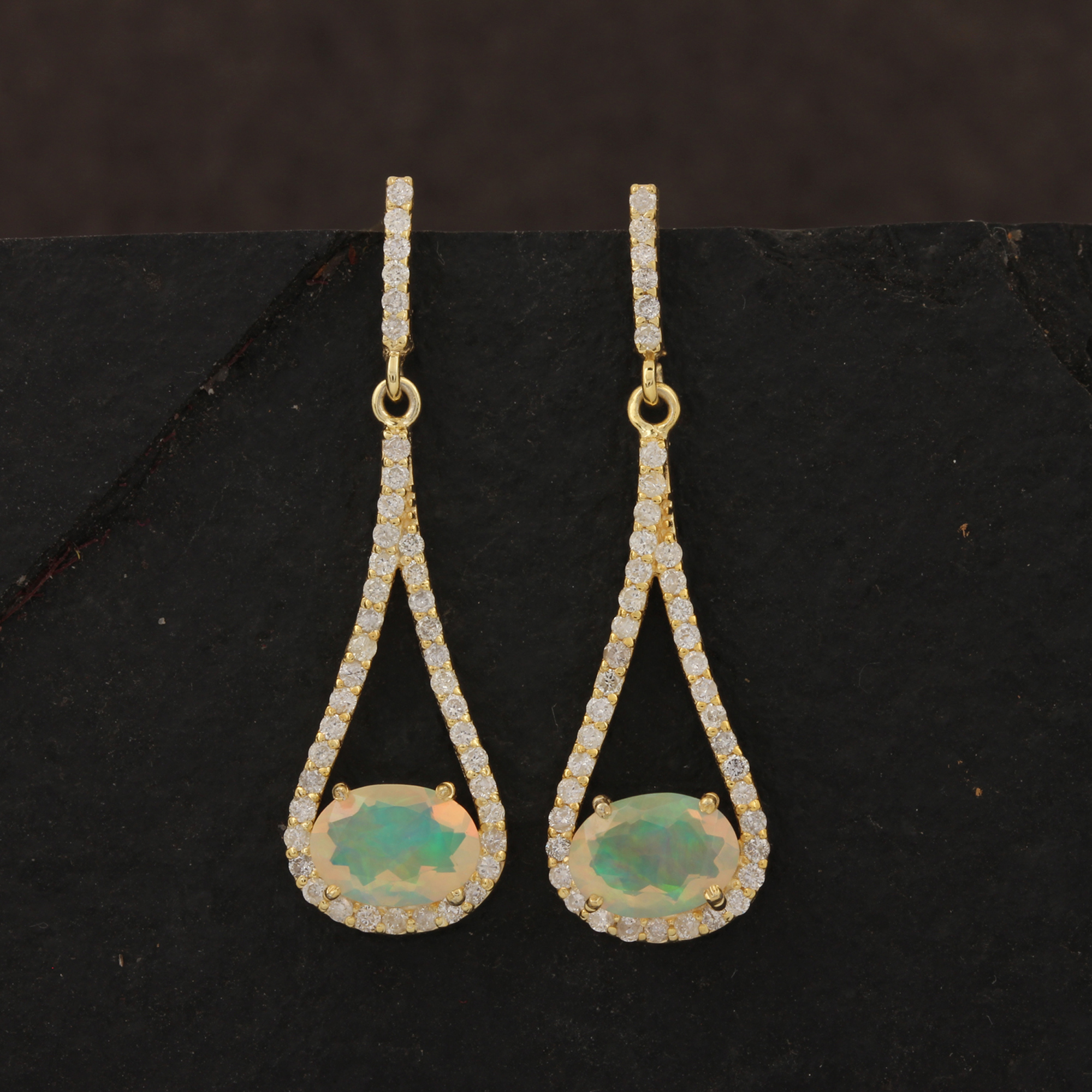 14k Solid Gold Dangle Earrings Studded With Diamond & Natural Opal Gemstone