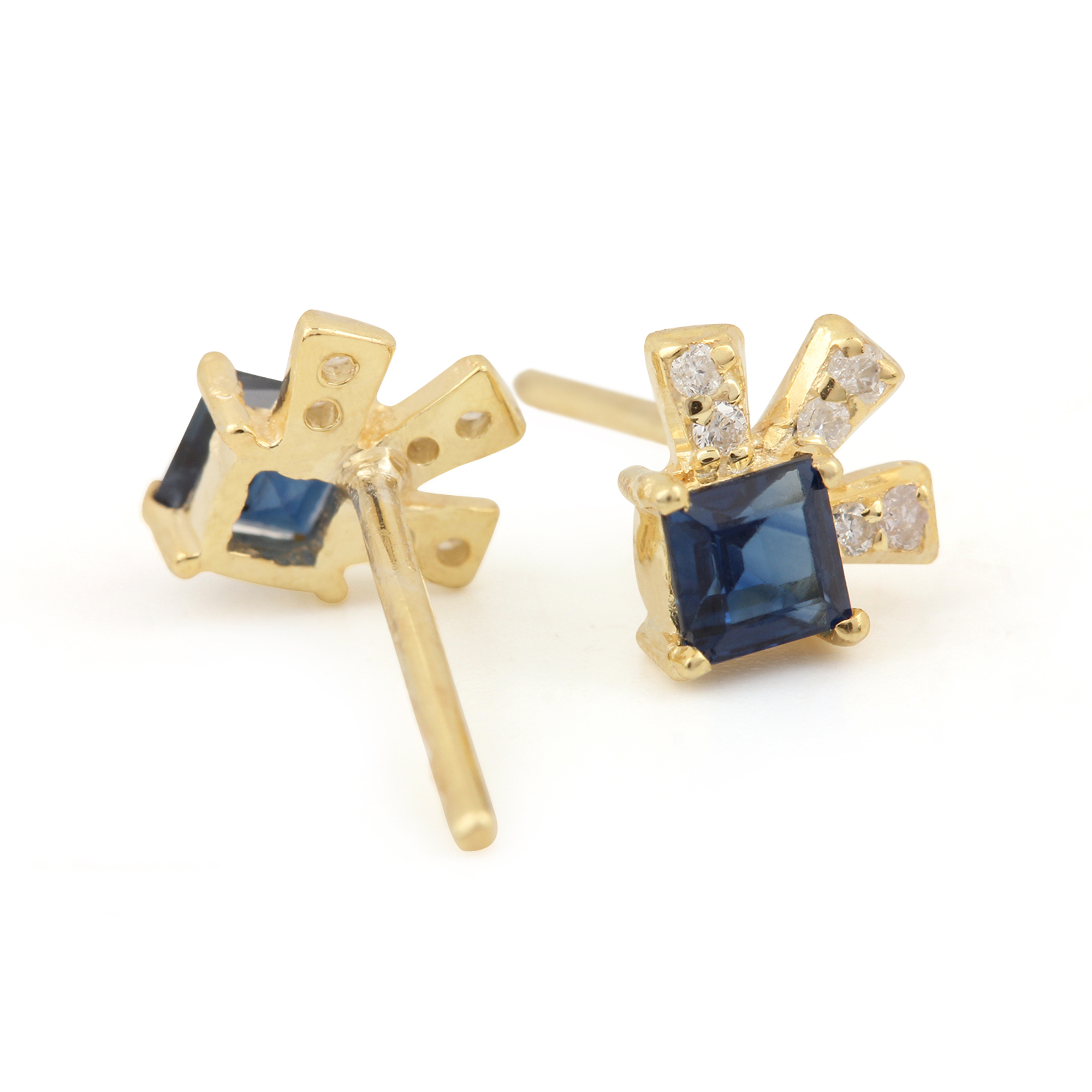 14k Solid Gold Natural Diamond & Blue Sapphire Minimalist Stud Earrings