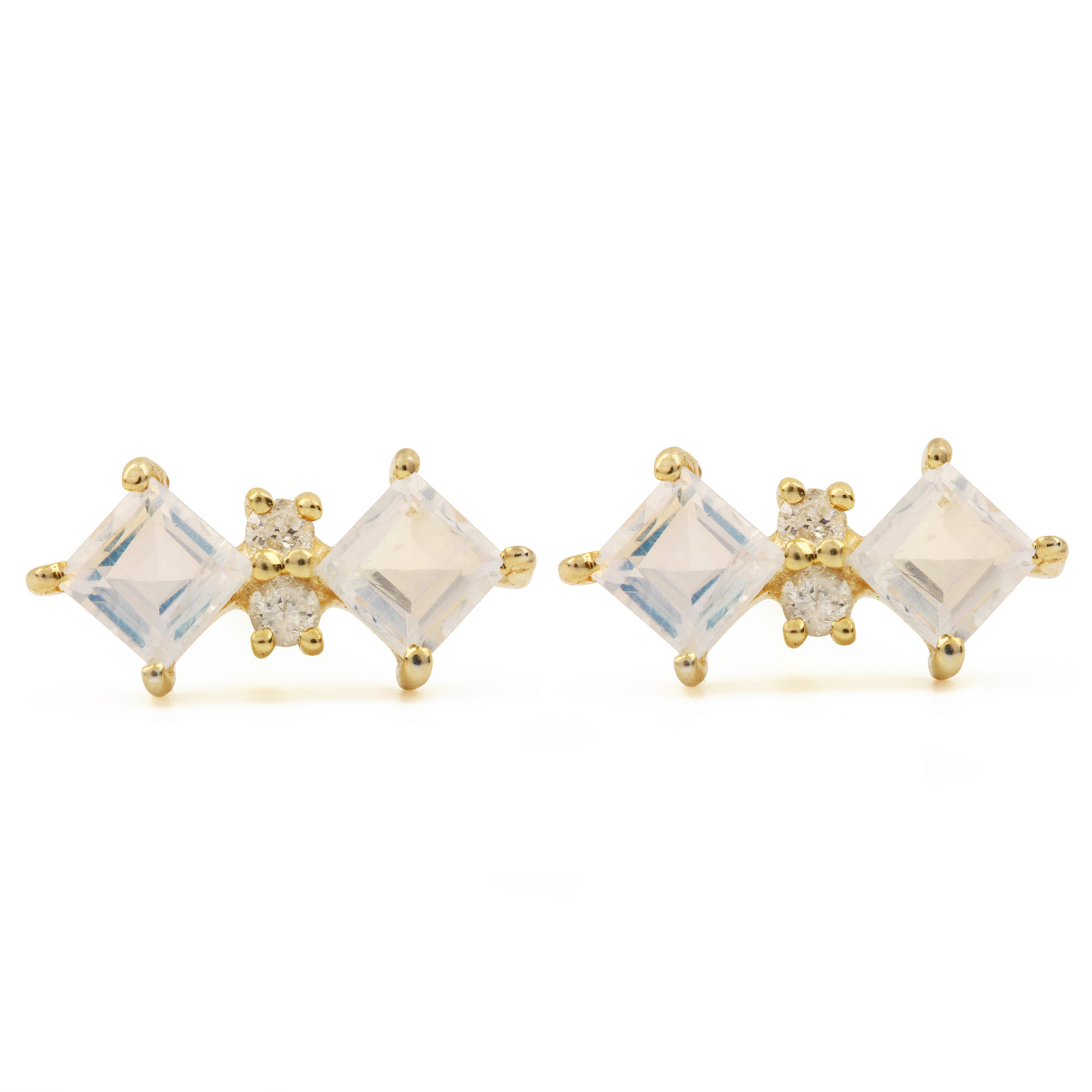 14k Solid Gold Natural Diamond & Rainbow Moonstone Minimalist Stud Earrings