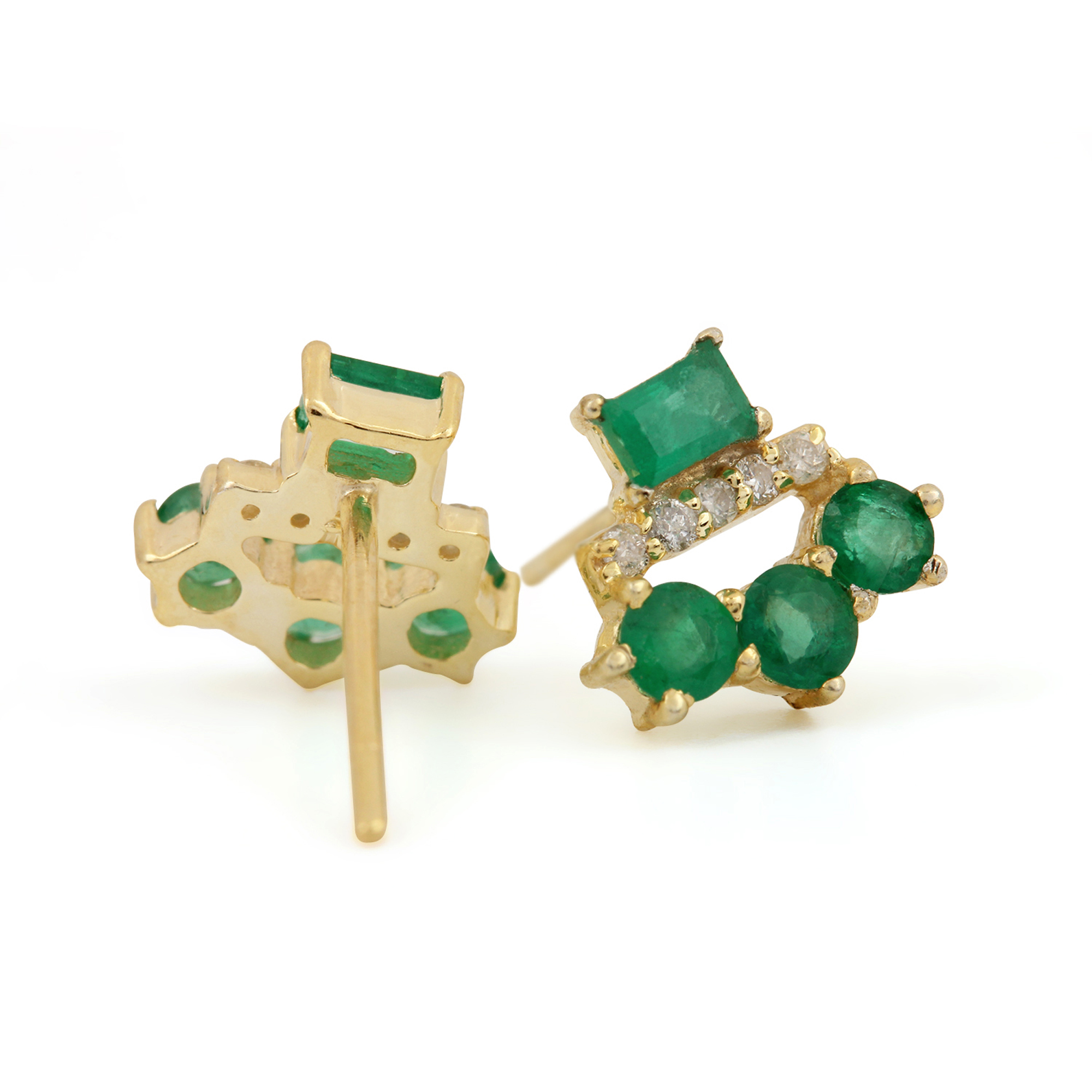 14k Solid Gold Diamond Natural Emerald Minimalist Stud Earrings