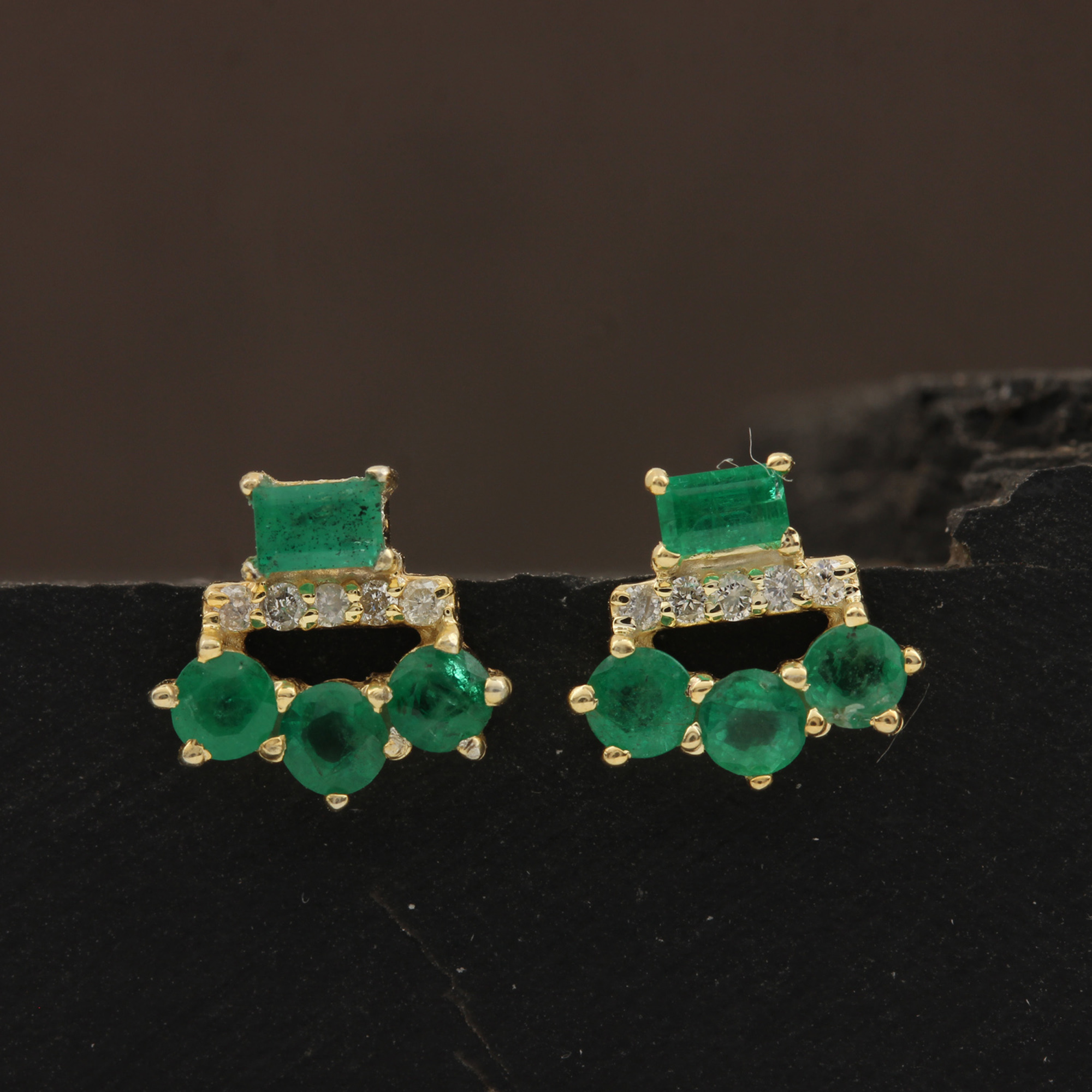 14k Solid Gold Diamond Natural Emerald Minimalist Stud Earrings