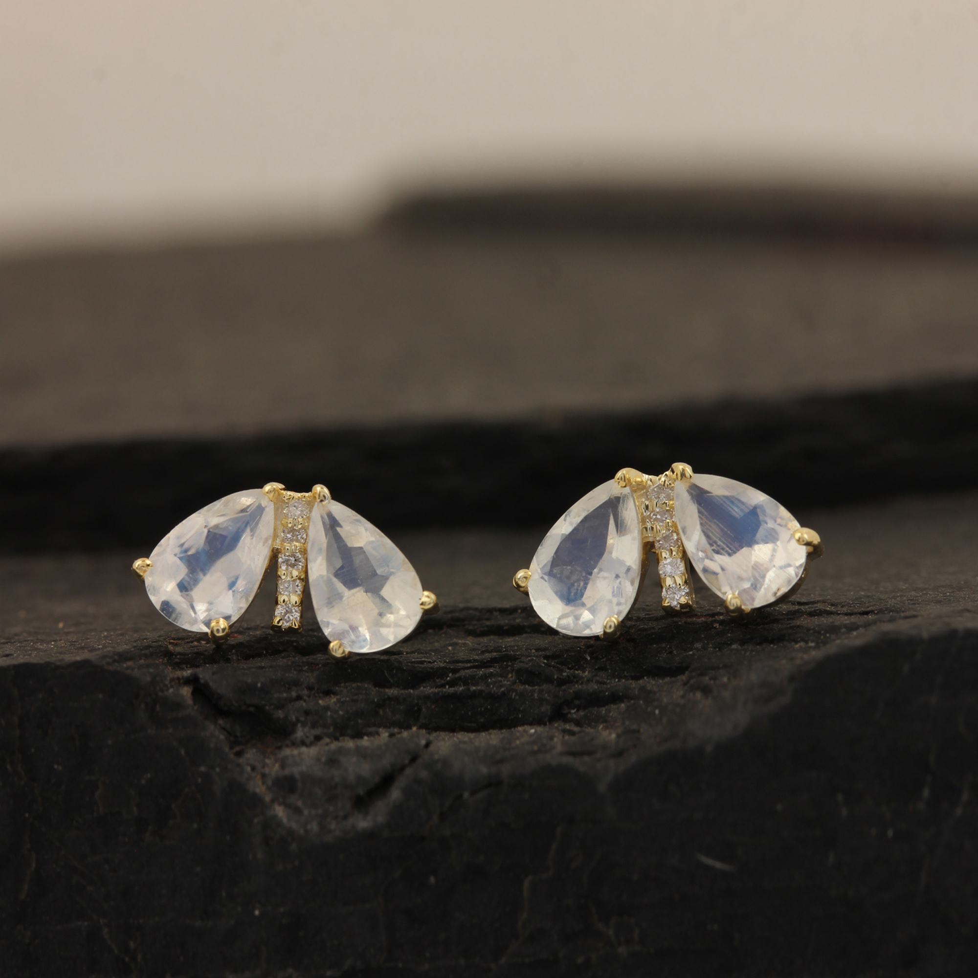 Solid 14k Gold Natural Diamond Rainbow Moonstone Stud Earrings