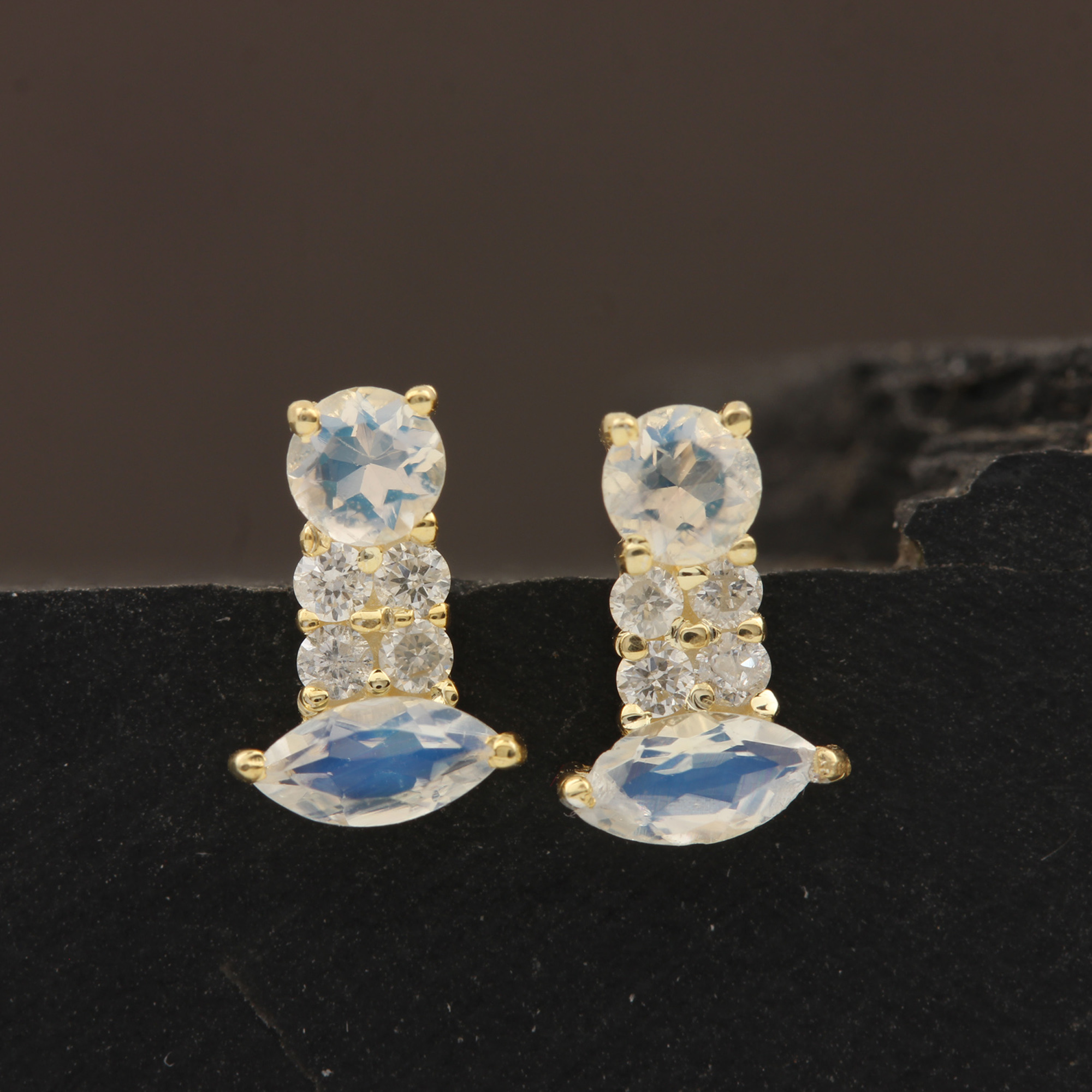 Minimalist Stud Earrings Set in 14k Solid Gold Diamond Natural Rainbow Moonstone