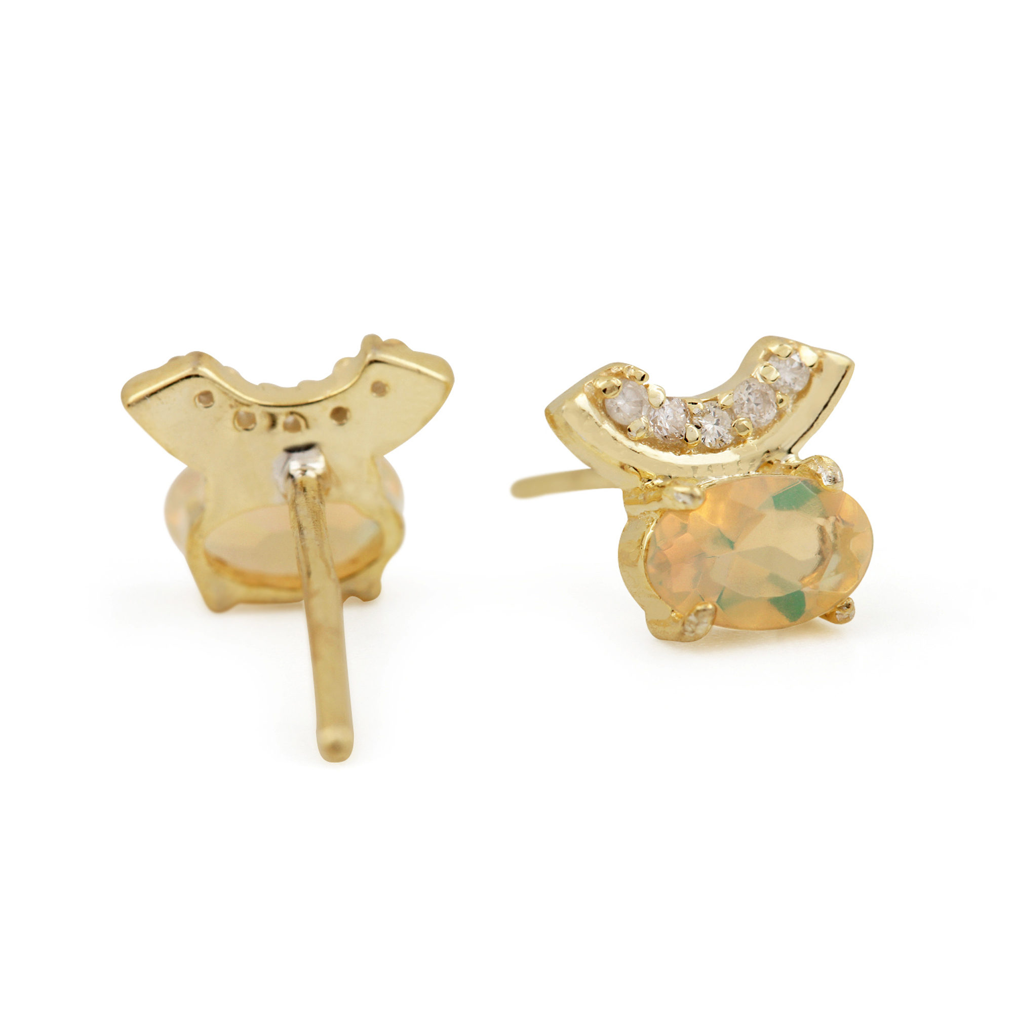 Opal Gemstone 14k Solid Gold Diamond Minimalist Stud Earrings