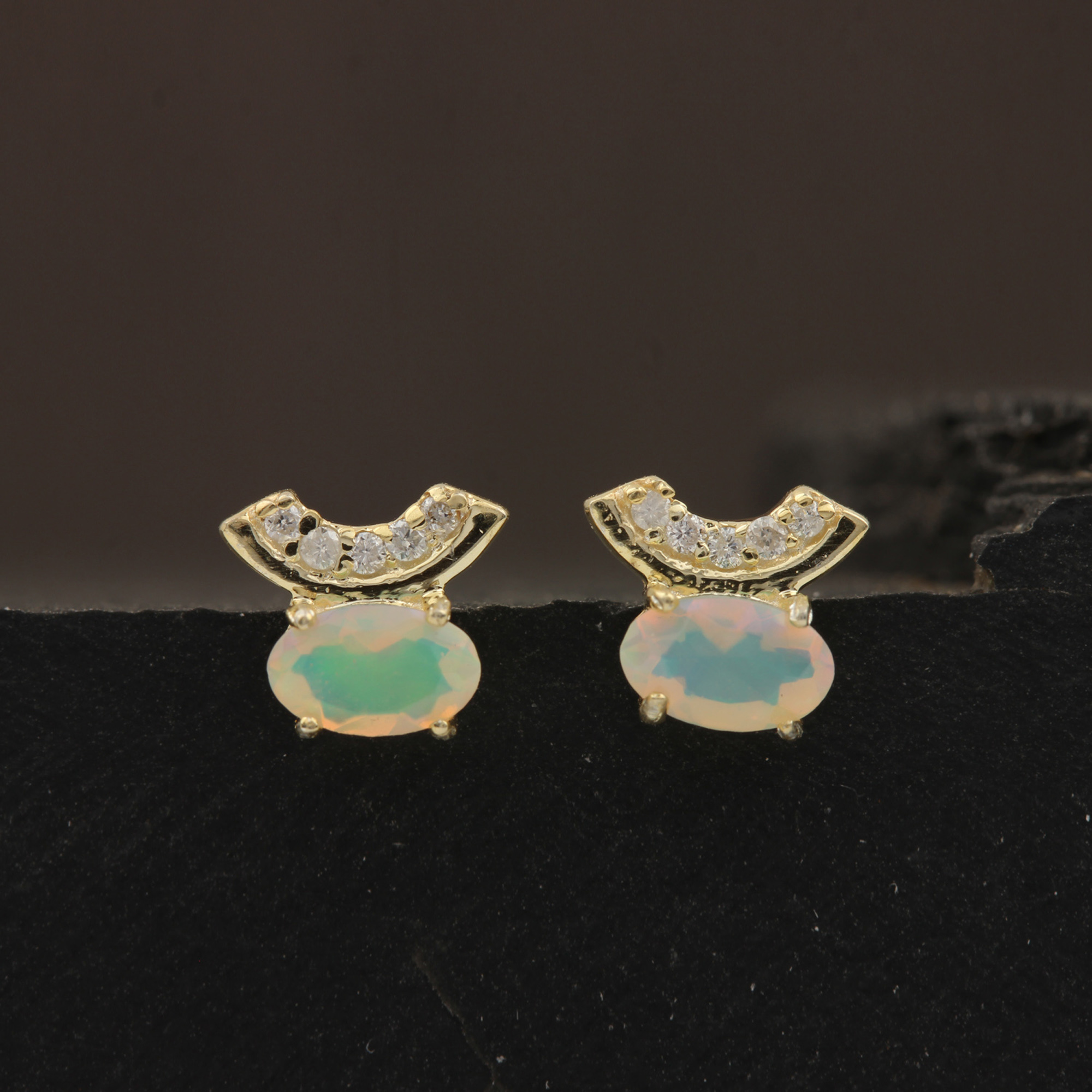 Opal Gemstone 14k Solid Gold Diamond Minimalist Stud Earrings