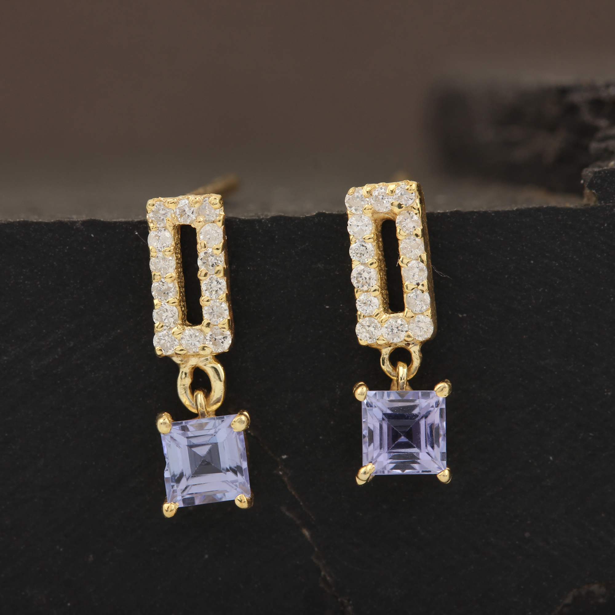 14k Solid Gold Natural Diamond Tanzanite Minimalist Stud Earrings