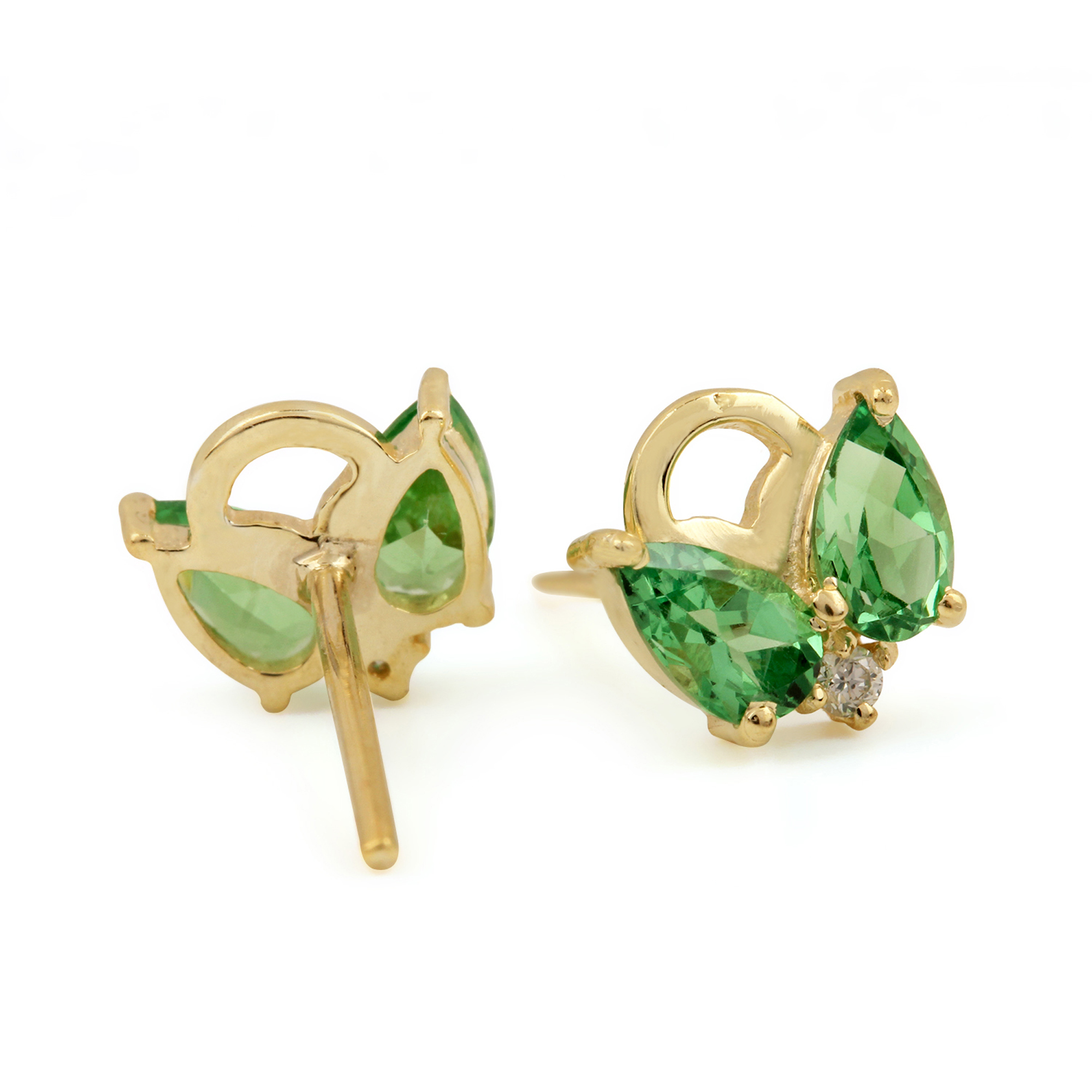 14k Solid Gold Diamond & Tsavorite Minimalist Stud Earrings